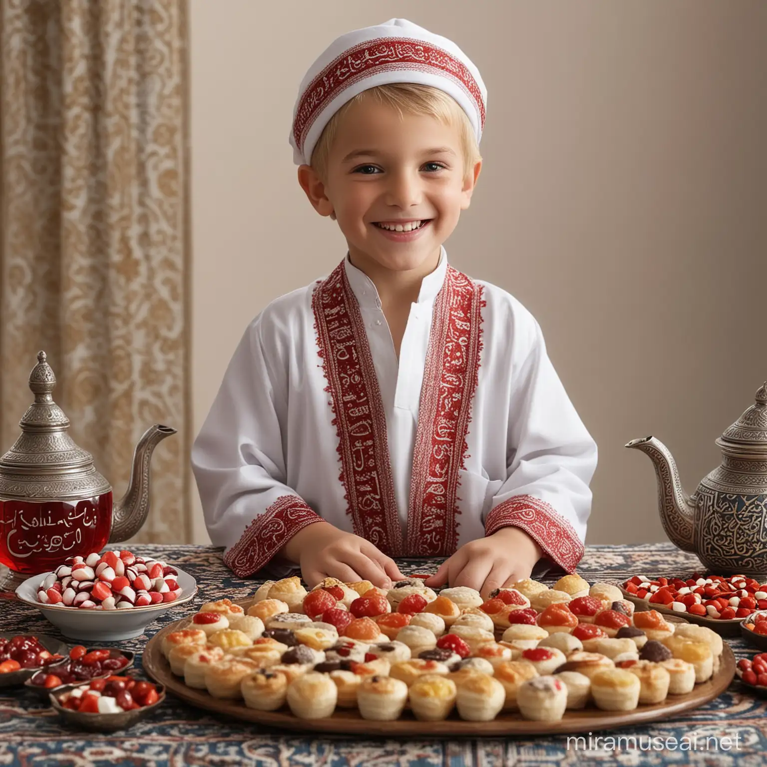 A real picture of a five-year-old French blond boy in Islamic clothing, elegant and smiling, celebrating Eid al-Fitr. In front of him is a table with a variety of sweets and a teapot. He wears a traditional robe that is half white and half red. Behind it is the name “Karim” written in red crystal, and in front of it is the words “Eid Mubarak.” Realistic, high-quality 4K image