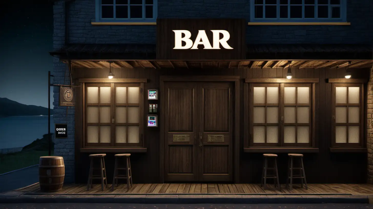 A bar, a detached building, outside shot, remote location, bar logo on top of the doors, night, realistic