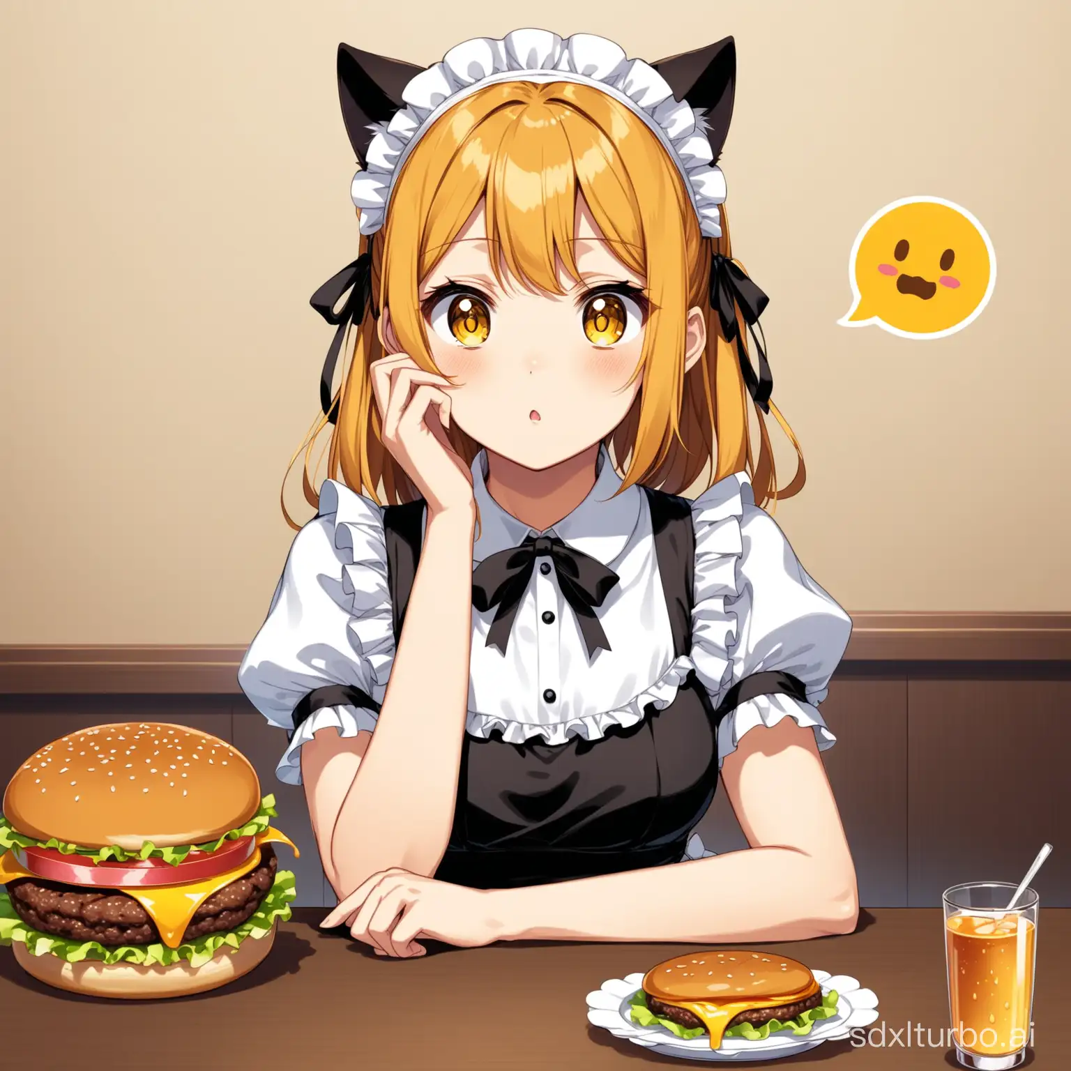 Pensive-Anime-Catgirl-Maid-Contemplates-Burger-on-Table