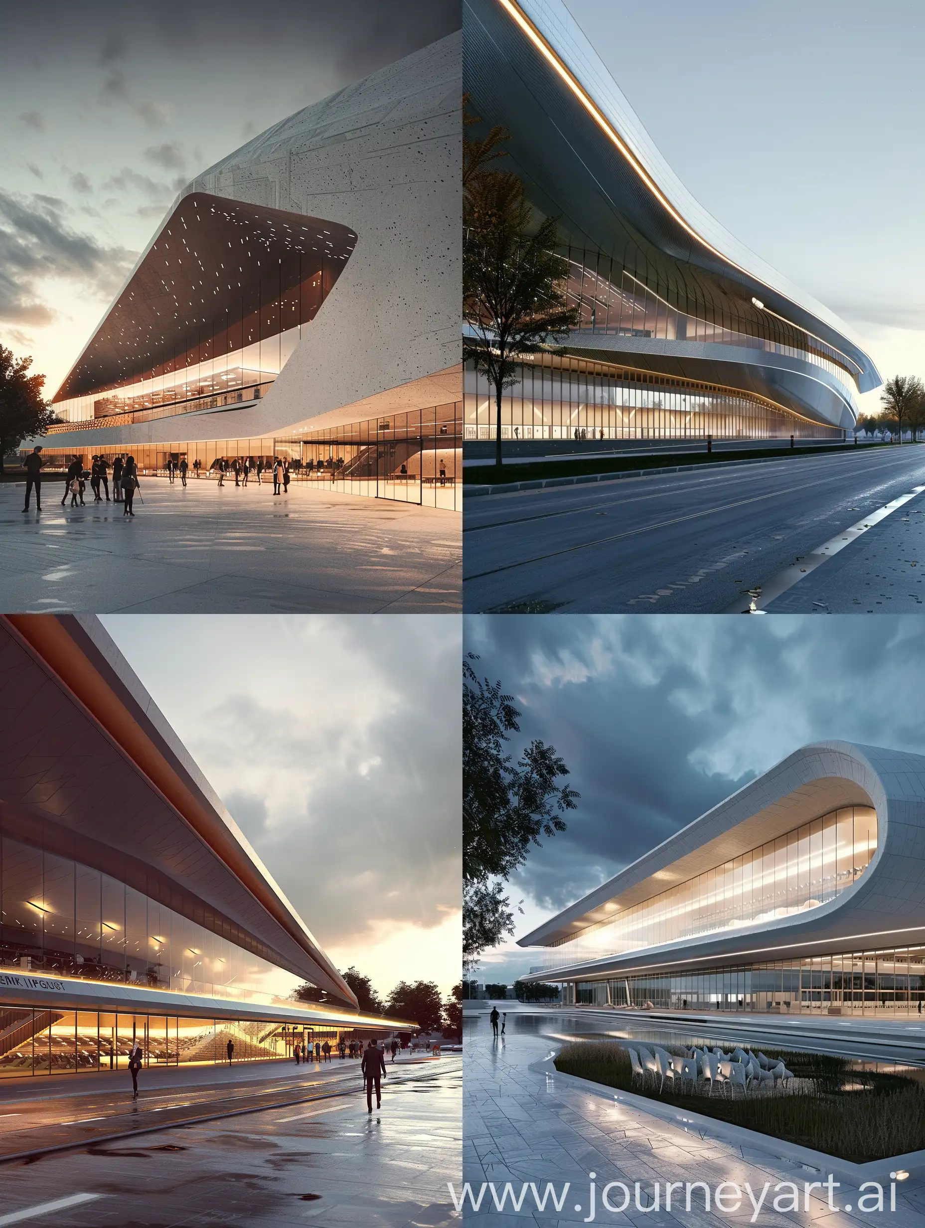 Detailed architectural rendering of a modern sports complex, featuring a multifunctional hall and administrative annex, realistic lighting and textures, by Zaha Hadid or Bjarke Ingels Group, (perspective view), futuristic design elements, trending on archdaily or dezeen
