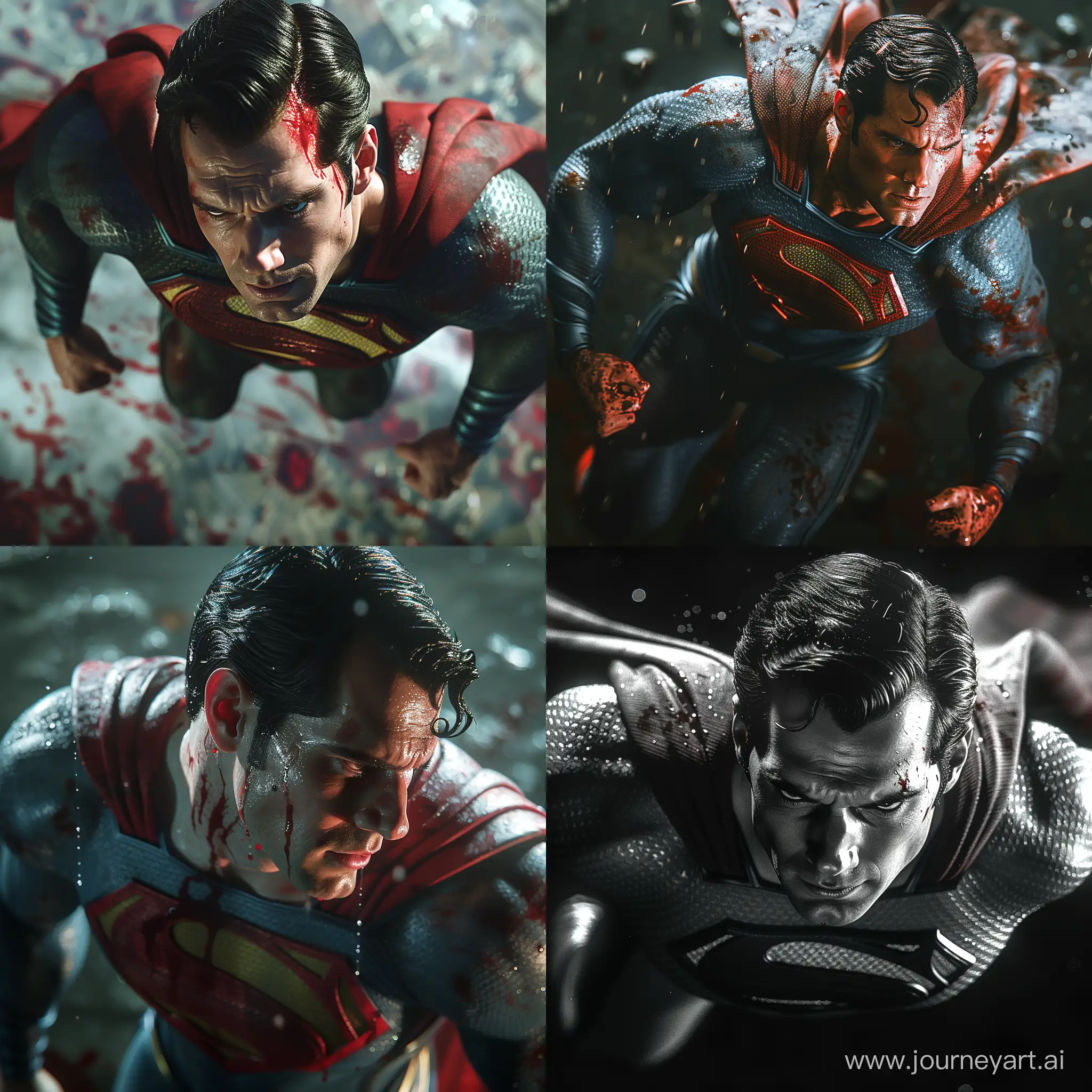 Man of Steel, superman, looking down, cinematic, dark, prime 1 studio, (awe-inspiring:1.1), majestic, pompous, (floating in mid-air:1.5), (leviating:1.5), extreme detailed, flowing cape, chiaroscuro, harsh shadows, bloody highly detailed --style raw --stylize 500 --v 6
