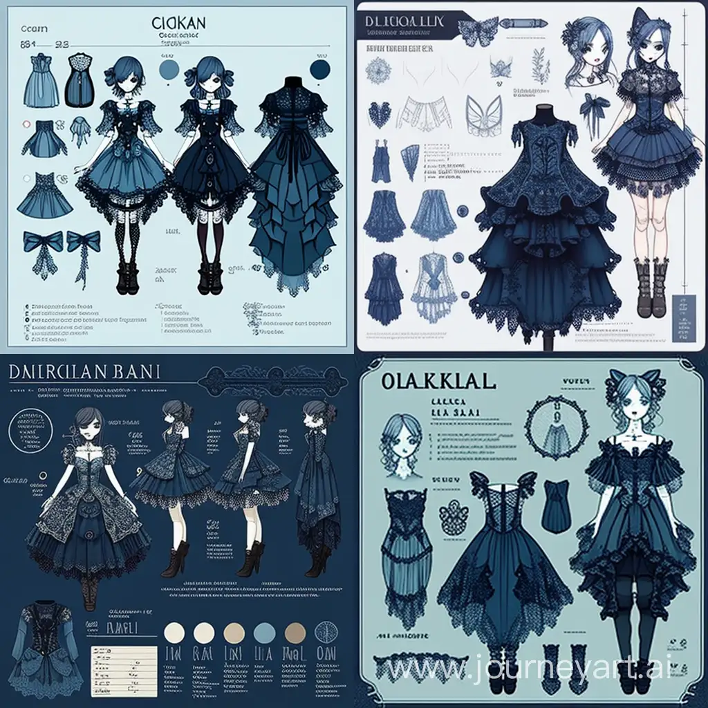 fashion reference sheet, ultra quality, ultra detailed, ultra realistic, kawaii, gothic, dress, frill, lace, blue color scheme, --q 2