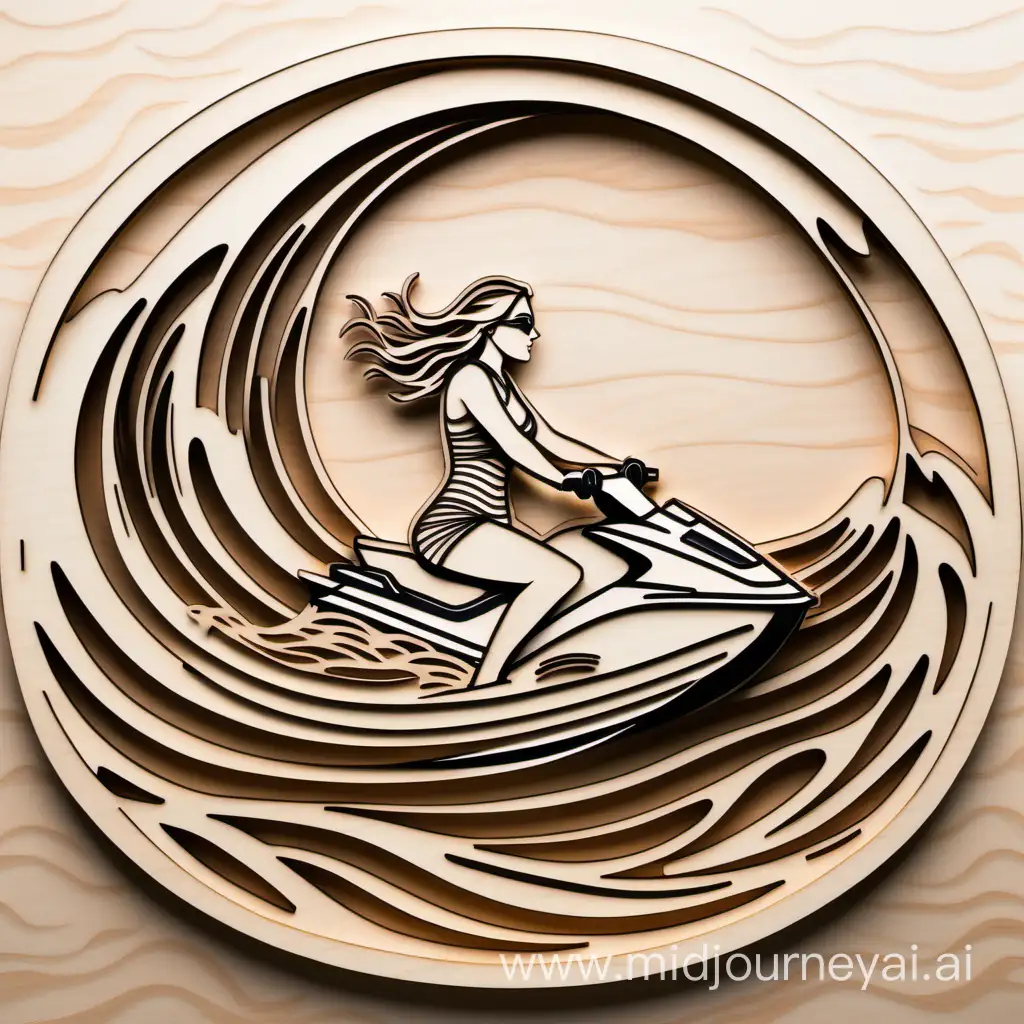 personal water craft, paper cutout, layered wood laser design, riding a wave, woman
