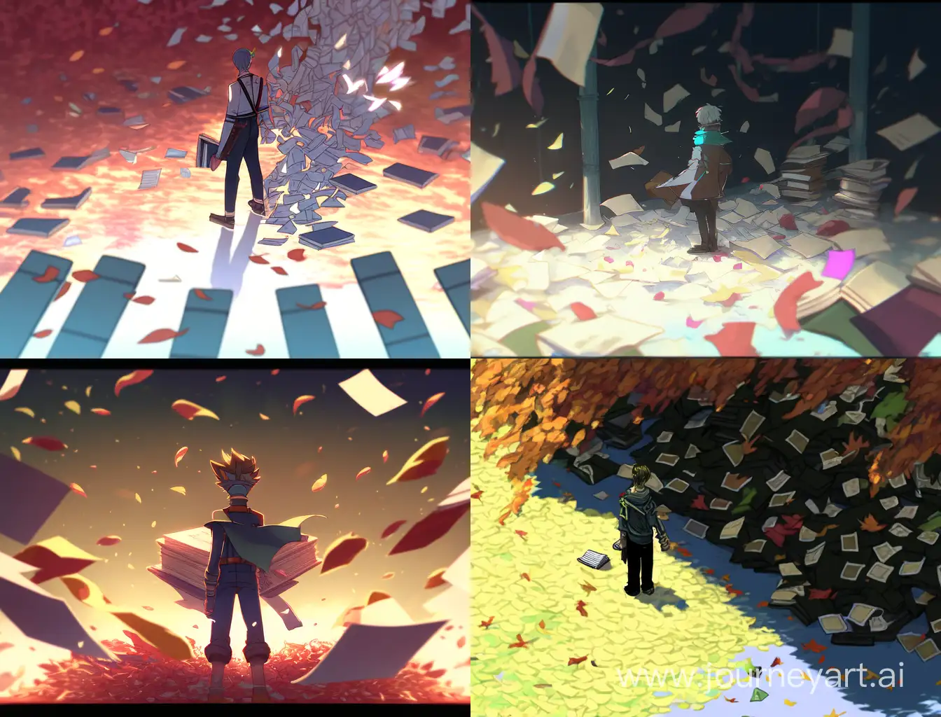 A man stands in front of lots and lots of fallen book leaves.