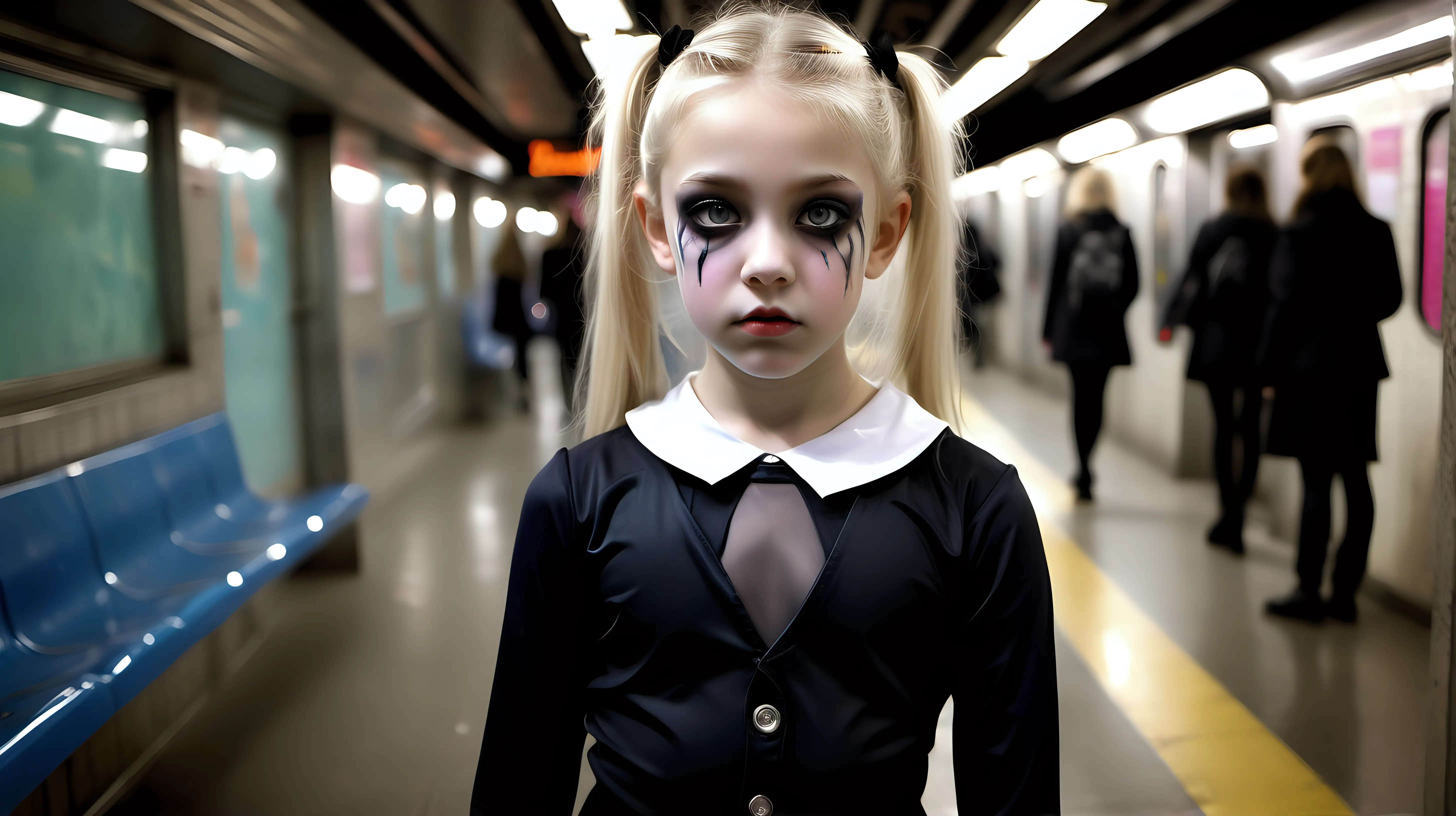 
 
shot with Nikon AF-S DX NIKKOR 35mm f/1.8G Lens in the street  

portrait of gothic blond little girl 9 years old little girl, wearing satin  shiny schoogirl uniform,   cellophane tights diffused light low pony hair clear eyes  wearing    tights  with mom  nordic model, 
 in the subway diffused neon lights
, elle porte  des collants en cellophane  transparents, sa maman Goth girl. Neon lights.  .  makeup flow, zoom face
wearing latex shiny dress 
des hauts talons stiletto,  
 dans les couloirs du métro, beaucoup de néons et de lumières blanche

with mom  wearing     dress,    tights, [Highly Detailed]     
with high heels stiletto,  
look sad, make-up flow

zoom face

suntanned skin, natural skin texture, (highly detailed skin:1.1), 
textured skin, (oiled shiny skin:0.5), 
 ,intricate skin details, visible skin detail, (detailed skin 
texture:1.1), mascara, (skin pores:1.1),  , skin fuzz, (blush:0.5), (goosebumps:0.5), translucent 
skin, (minor skin imperfections:1.2),    
(round iris:1.1), light reflections in her eye, visible cornea, highly detailed iris, remarkable detailed pupils 

portrait shot , zoom eyes

--v 6
