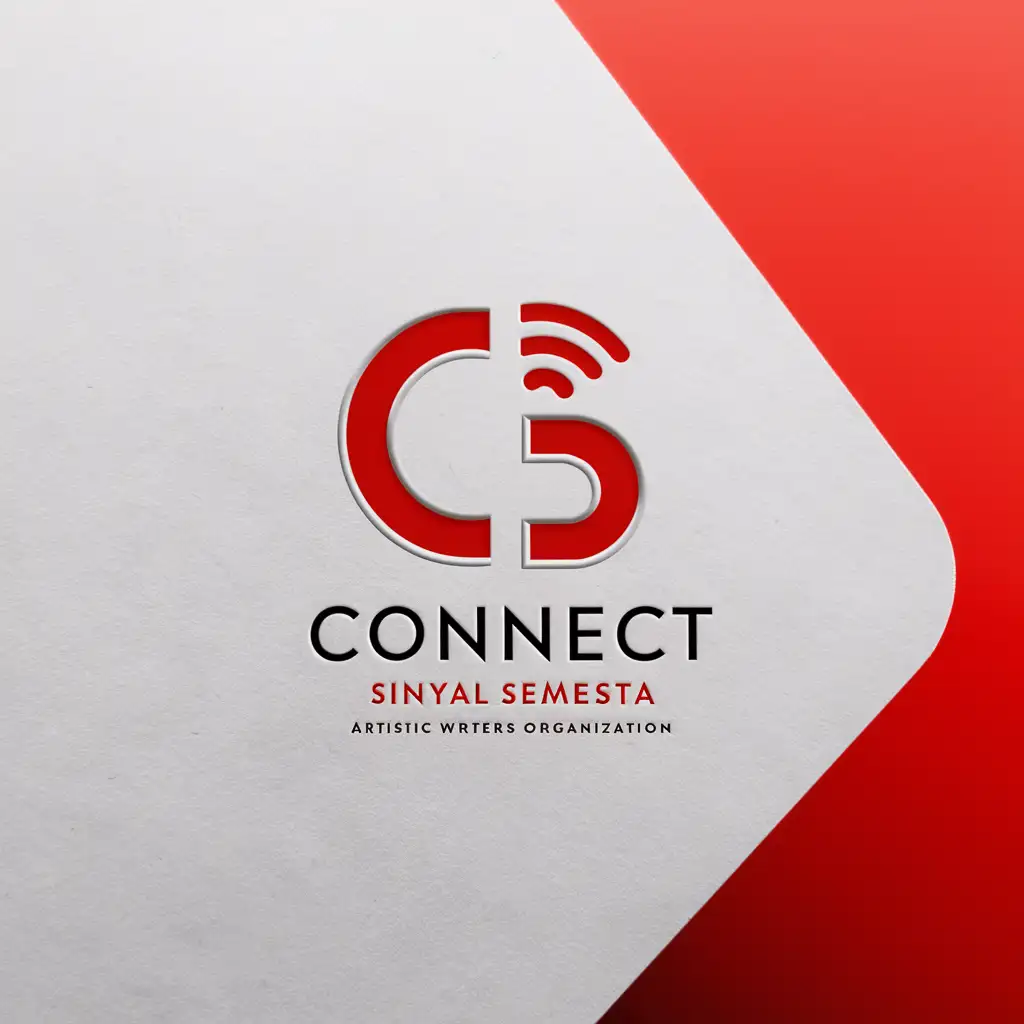 minimalistic logo for artistic writers organisation 'Connect Sinyal Semesta' red orange and grey colour, white background with logo wifi