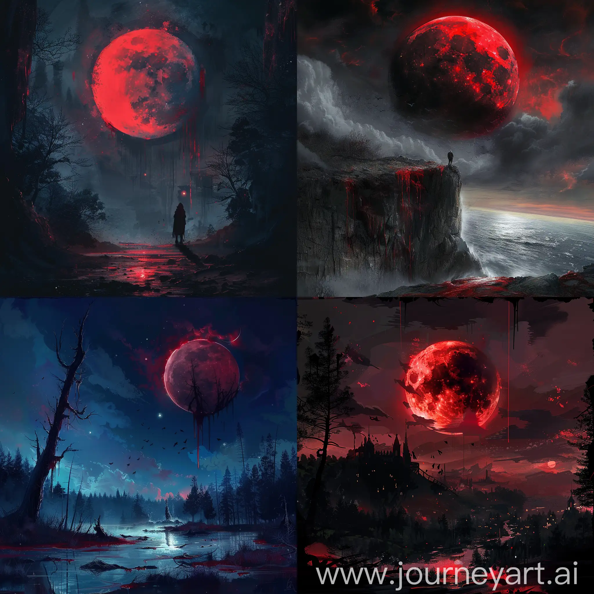 Dark fantasy, gothic horror, anime style, landscape, bleeding moon