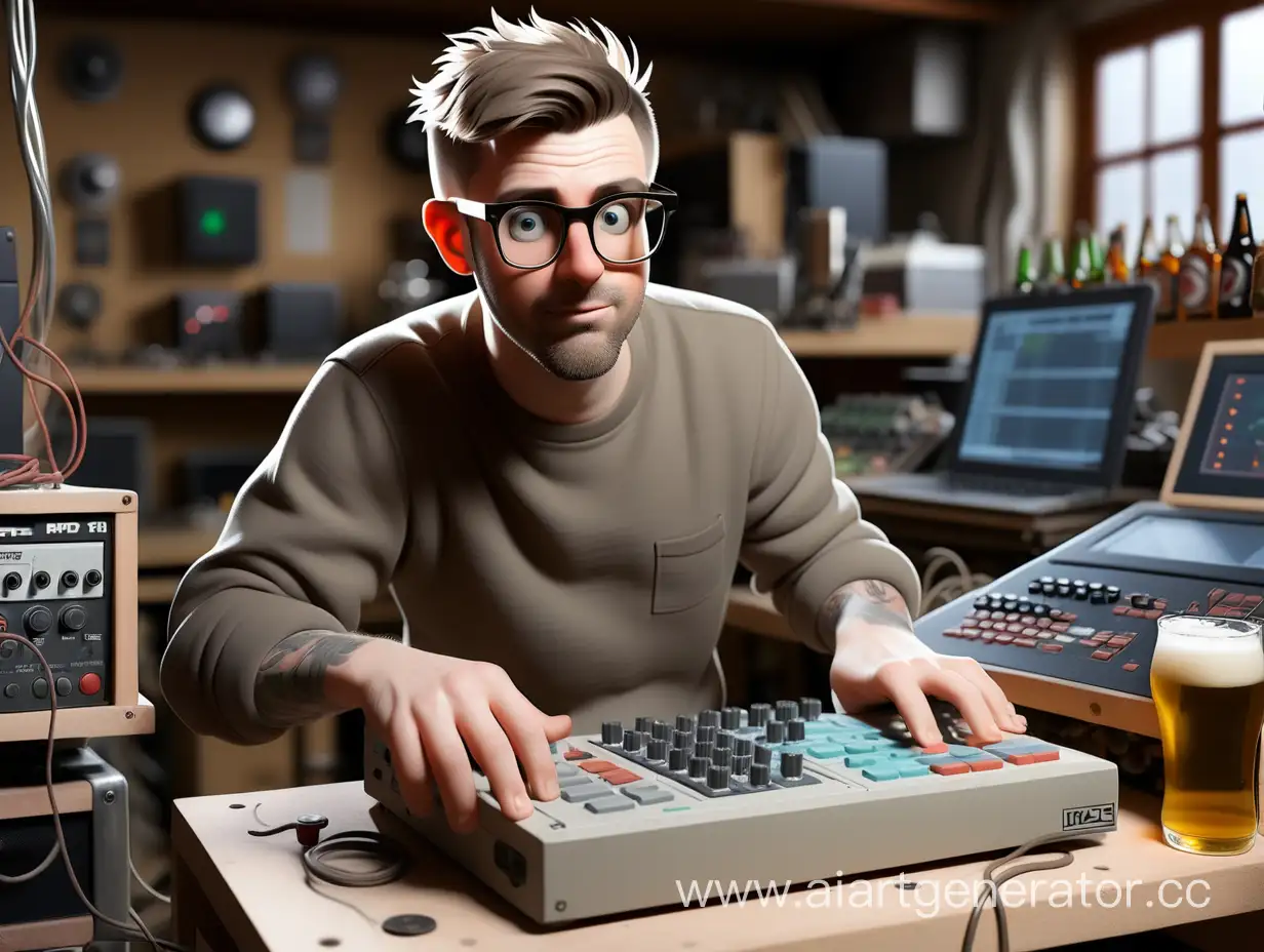 a thirty year old guy with glasses, pushing buttons on the mpc, drinking beer in his workshop
