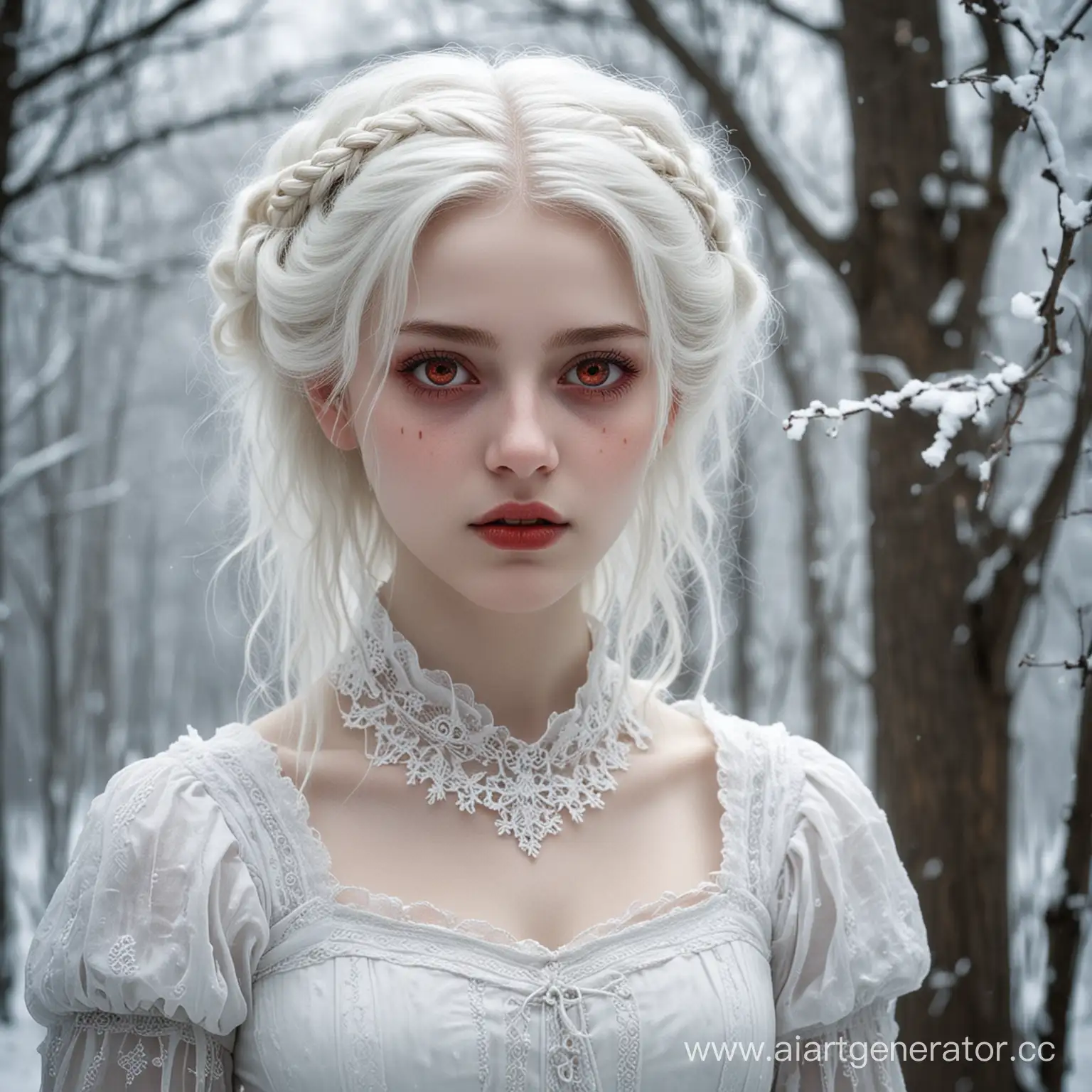 Миловидная молодая девушка. Кожа её бледная, словно фарфоровая. Волосы белые, как снег, опускаются ниже плеч. Ярко выделяются кроваво-красные глаза. Весь её образ кажется одновременно и завораживающим, и пугающим. 
