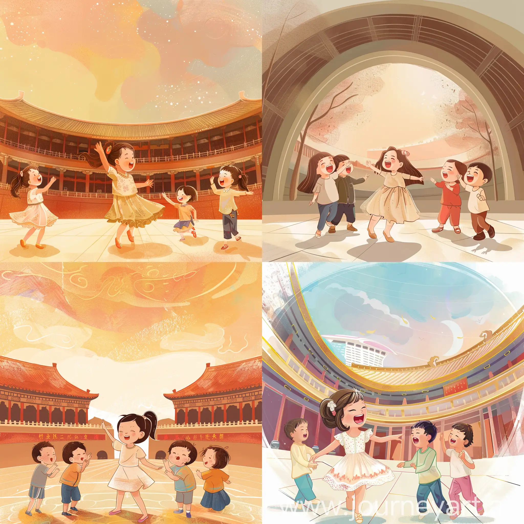 1个小女孩翩翩起舞，3个小朋友放声歌唱，背景是中国国家大剧院的半圆形建筑体，屏幕插画风