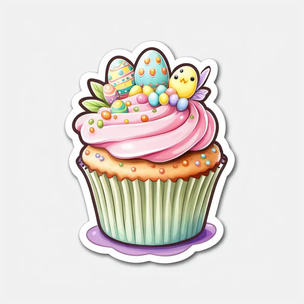 Whimsical Easter Cupcake Sticker on Bright Pastel White Background
