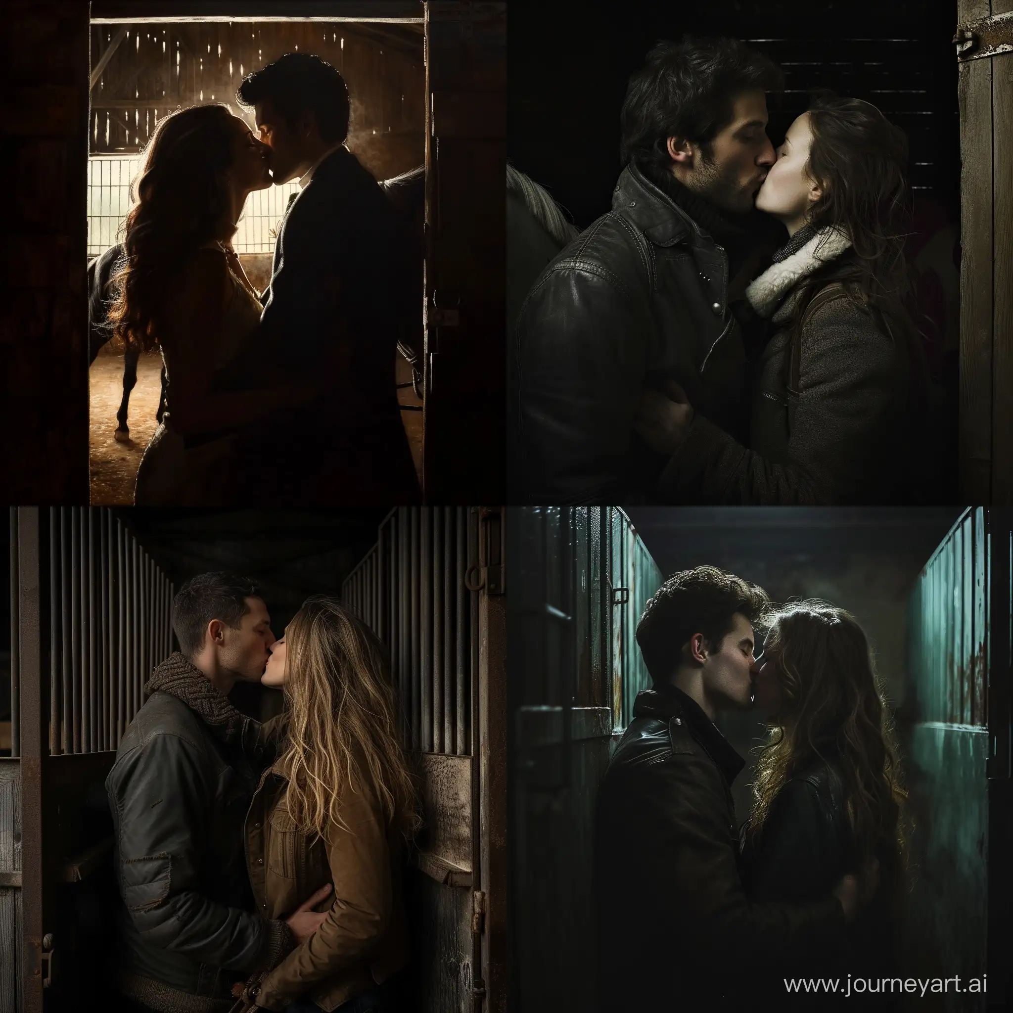 couple, kissing, horsestable, dark, realism