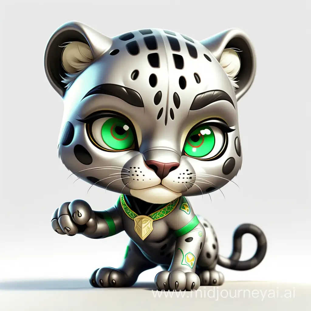 Sticker,Cartoon, cute silver panther with green eyes in Olympian outfit, white background, Vermeer style, 12k, high quality, HD, octane render, cinematic lighting