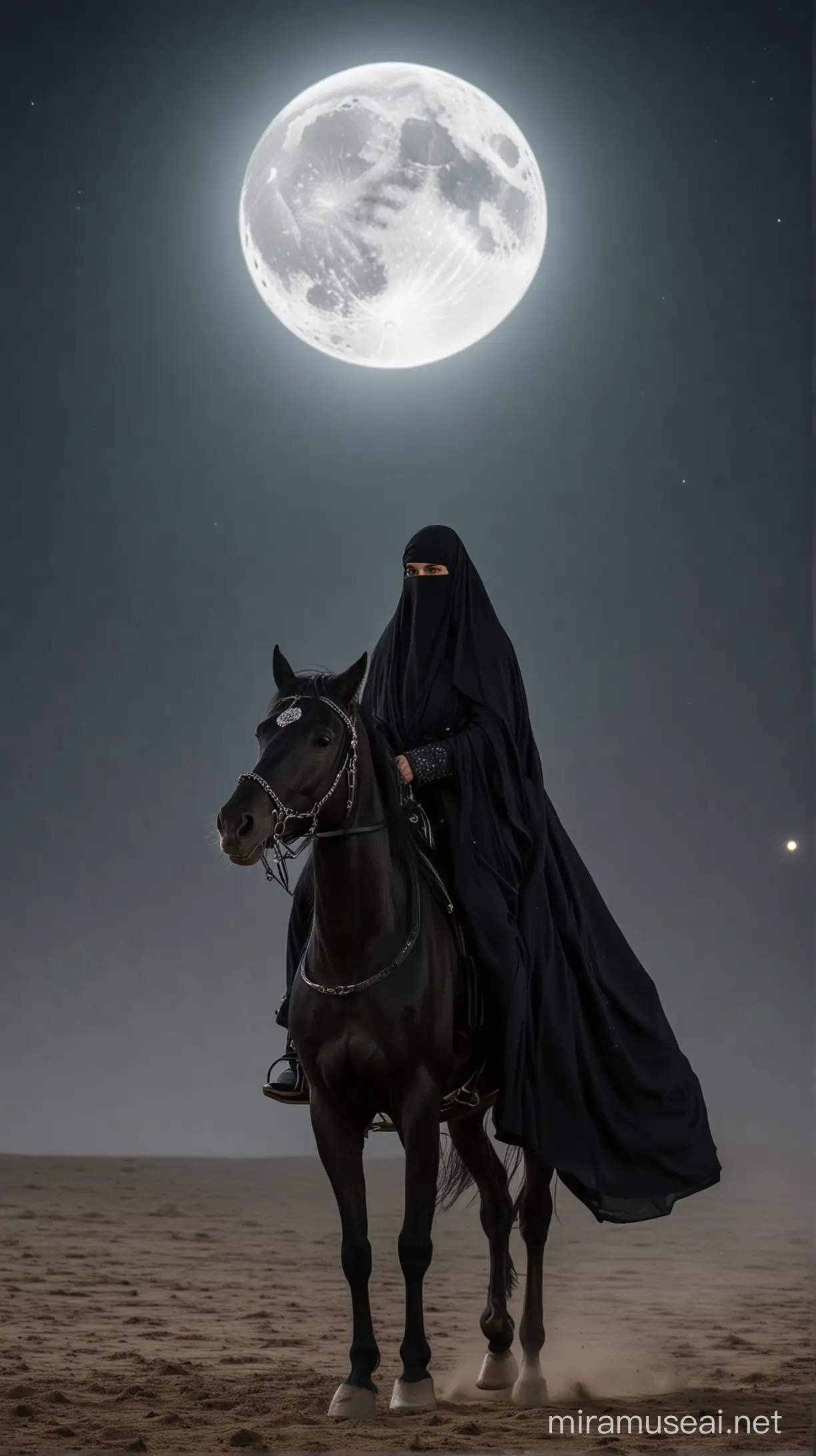 A woman wearing a niqab and a dark black dress is carried by a black horse and the moon above her is a luminous white glow behind them