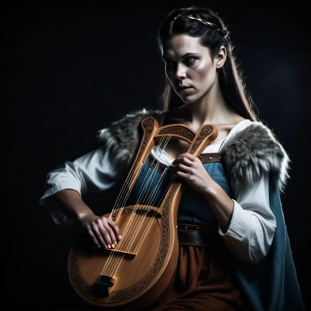 nordic female viking, dark hair, playing a lyre, dark setting