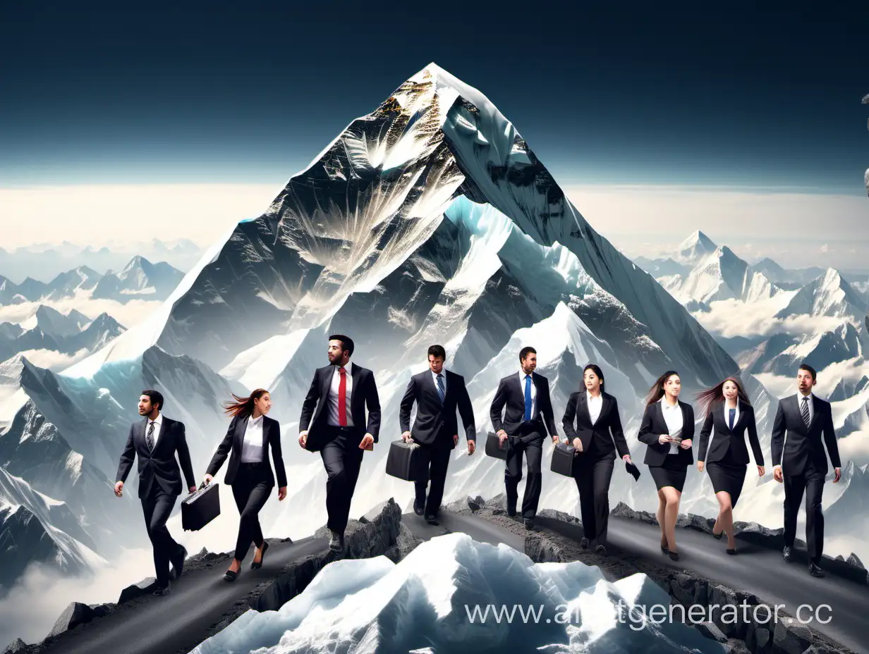 Group of banker men and women in suits climbing to the top of an Everest-style mountain from a panoramic view, themed as the road to success