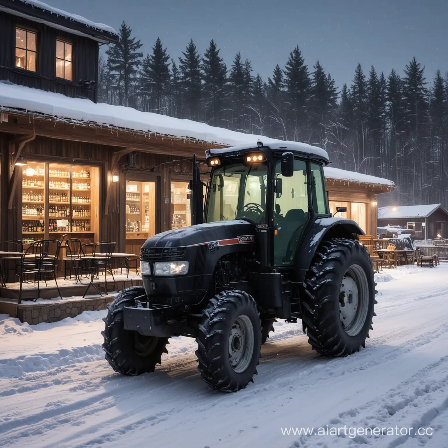 Black-Tractor-Next-to-Beer-Shop-with-Forest-and-Snowdrifts-in-Almost-Spring-Night