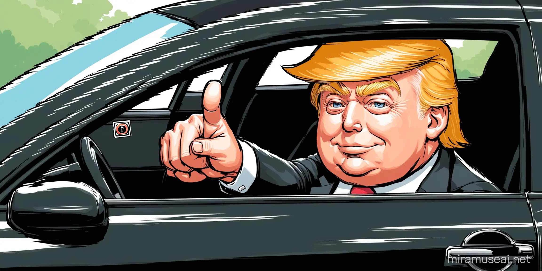Create a photo of President Donald Trump sitting in the black car looking out the window and holding up a like button with one hand, in a lovely cartoon style
