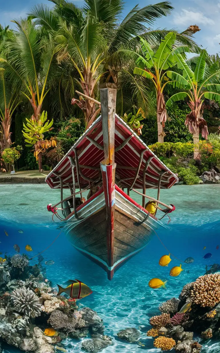 fish eye reflection thailand ocean palm garden banana flower fish boat