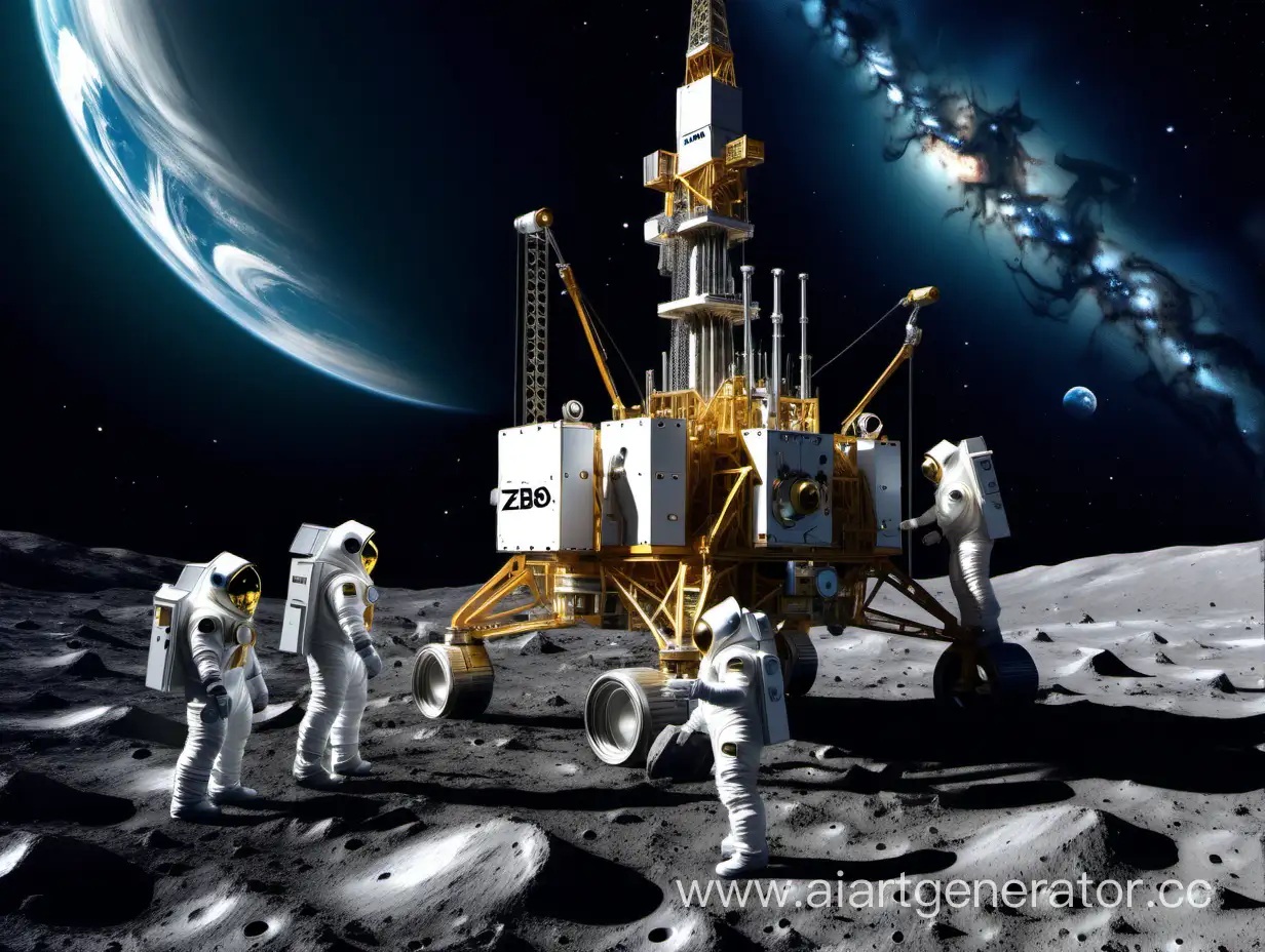 the real drilling rig ZBO S15 on the surface of the Moon with workers in spacesuits, against the background of planet Earth, the Milky Way, and other celestial bodies