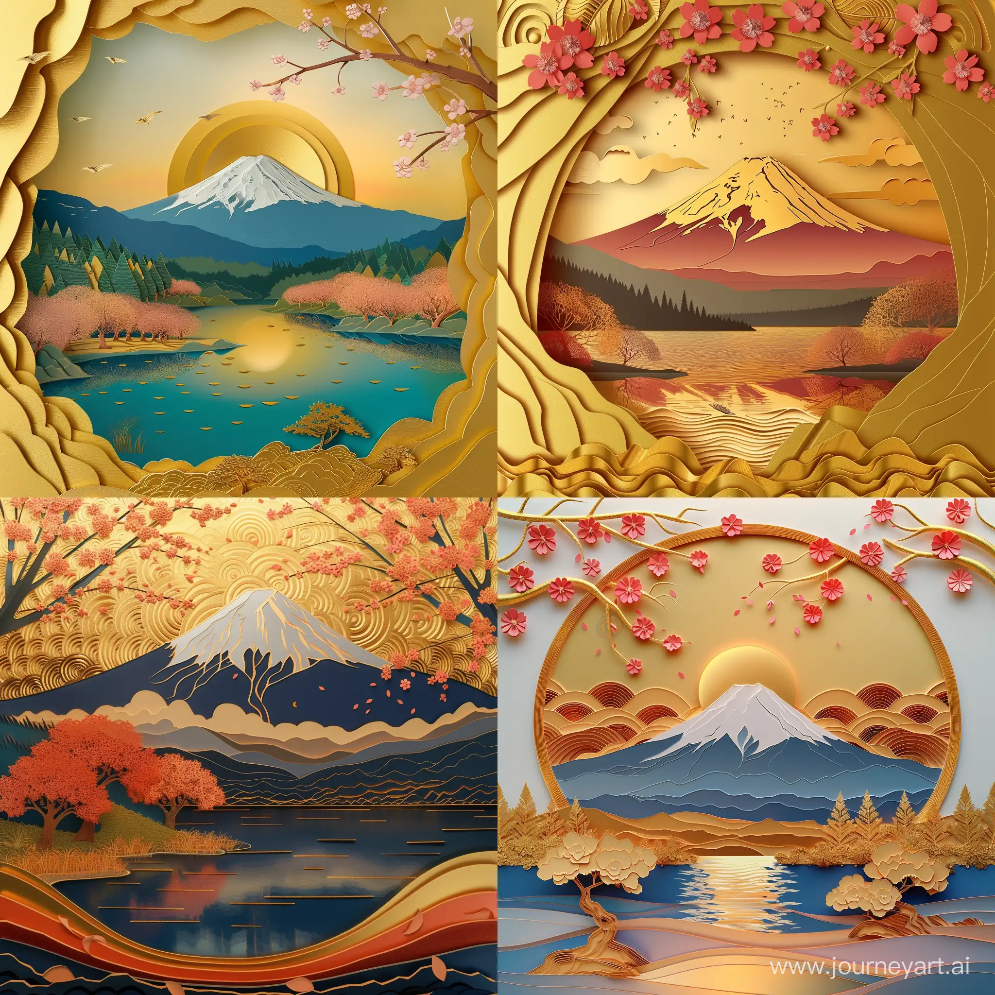 Cut paper art of poster of Mount Fuji and Lake Kawaguchiko in spring during sunset, cherry blossoms on top, Warm atmosphere, Bright and rich color, gold coil style, luxury, Grand scene, in vector style, high quality details