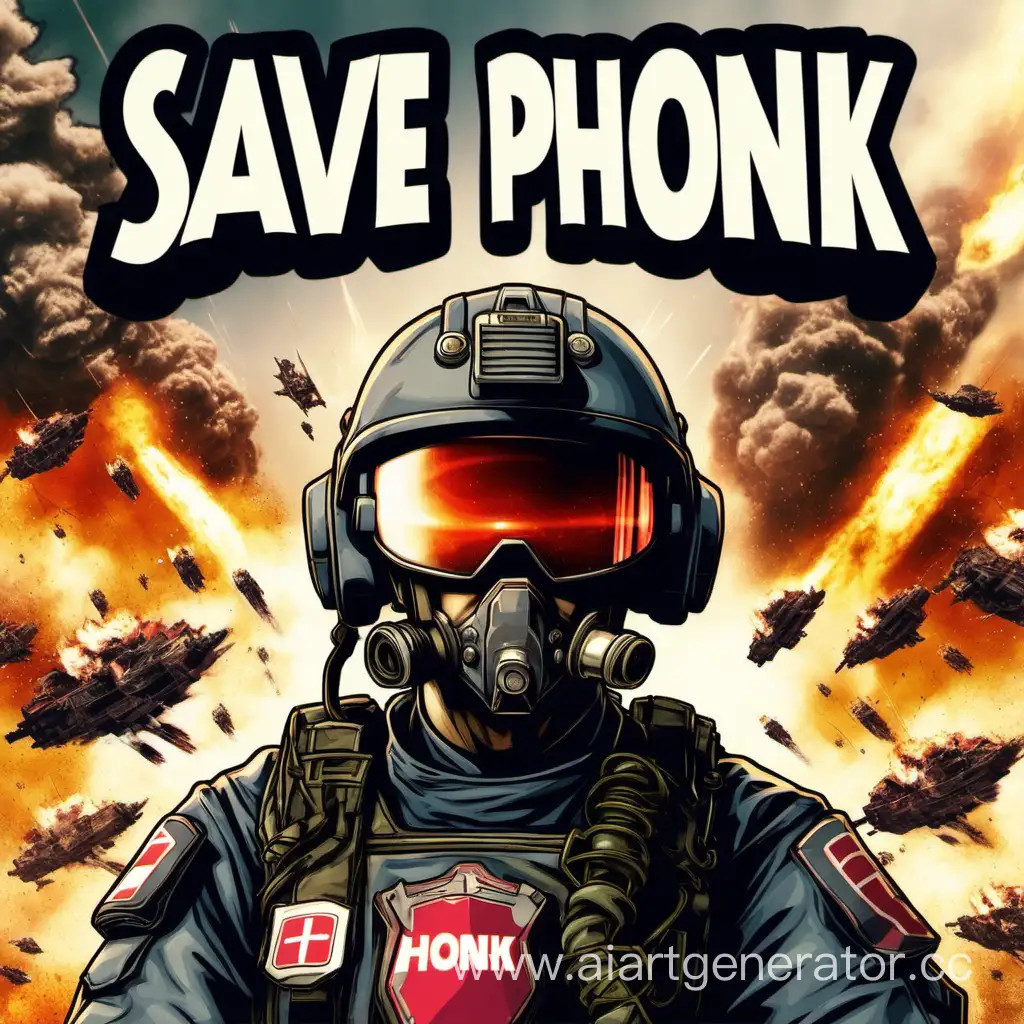 сверху коммандир со шлемом, на лицевой стороне шлема написано Save Phonk!, задний фон из взрывов