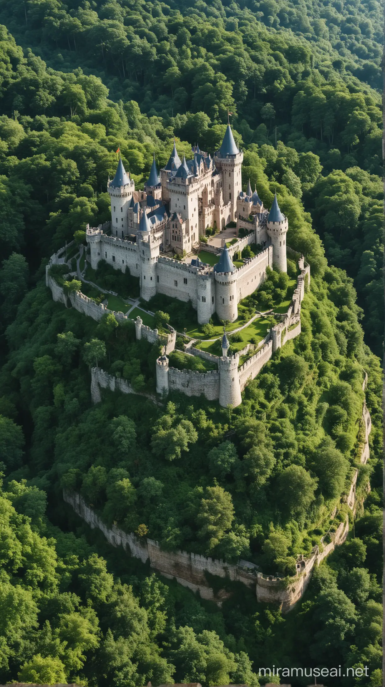 A kingdom with a majestic, old castle surrounded by lush greenery.