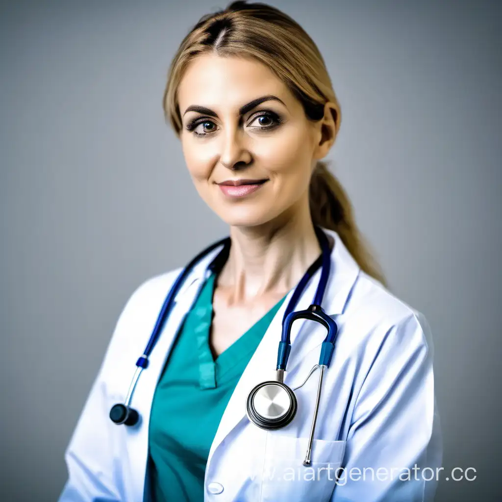 Женщина-врач в форме и стетоскоп смотрят в камеру.