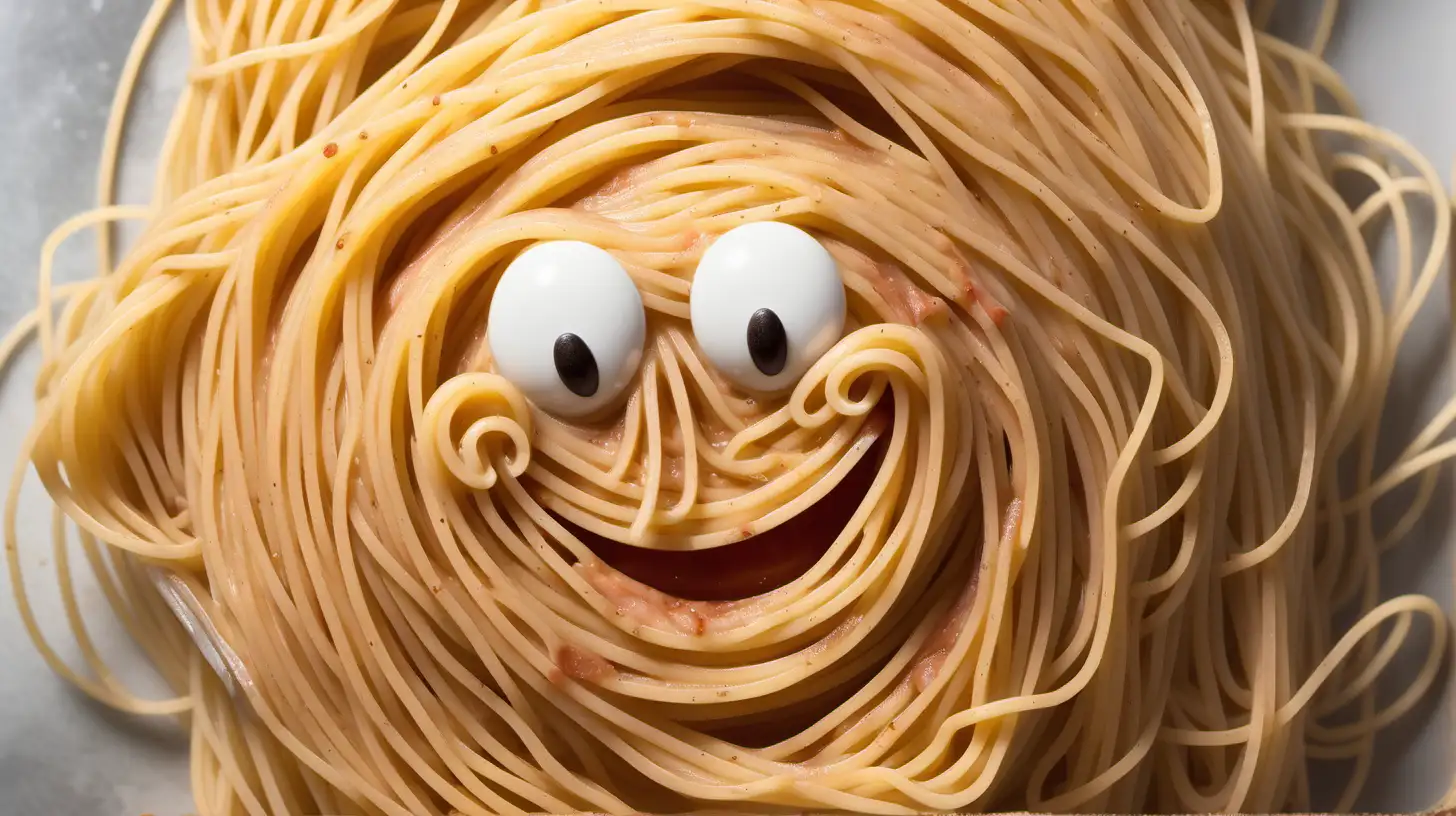 uncooked and cooked  spaghetti  with a smile

