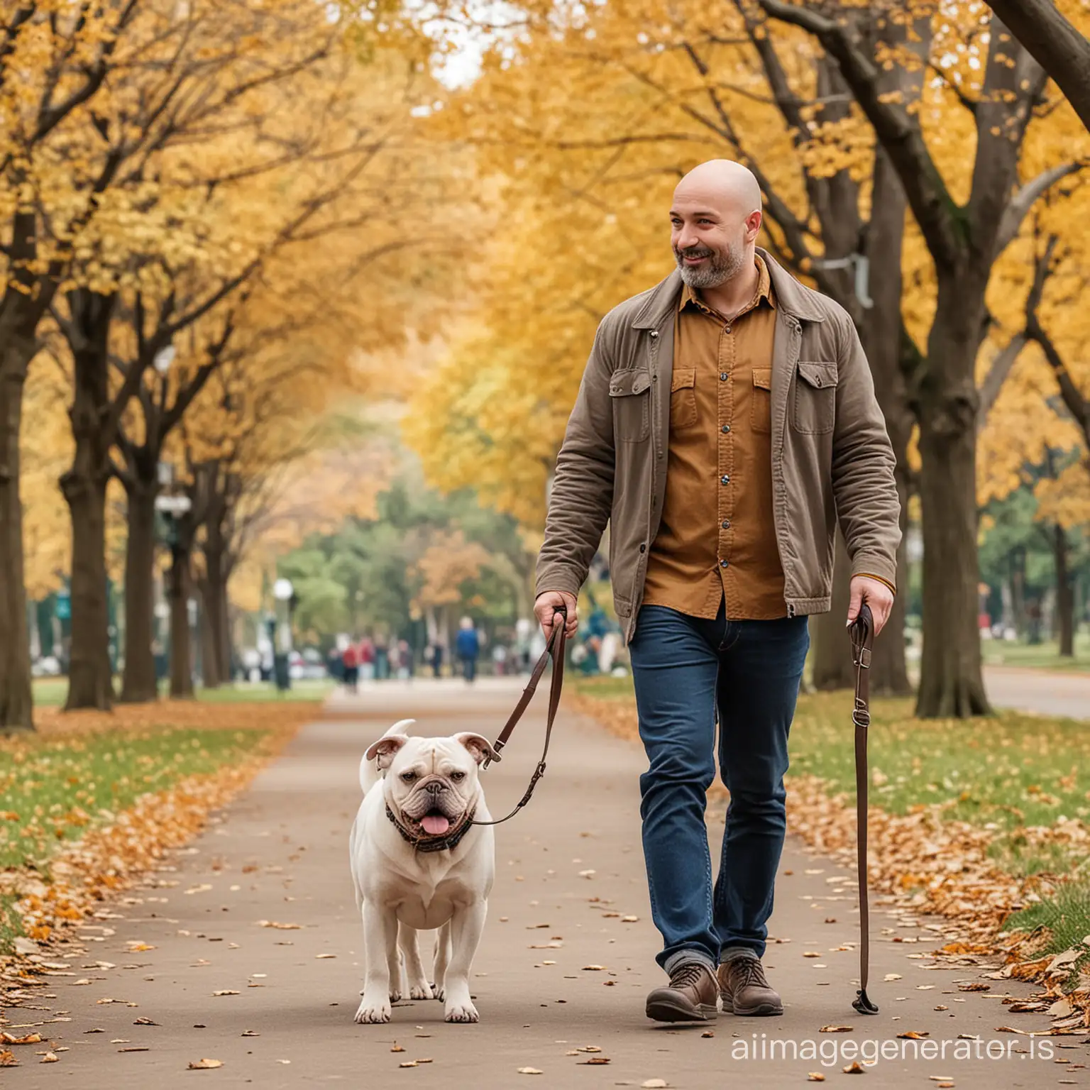 Bald man with small beard taking a dog for a walk in the park