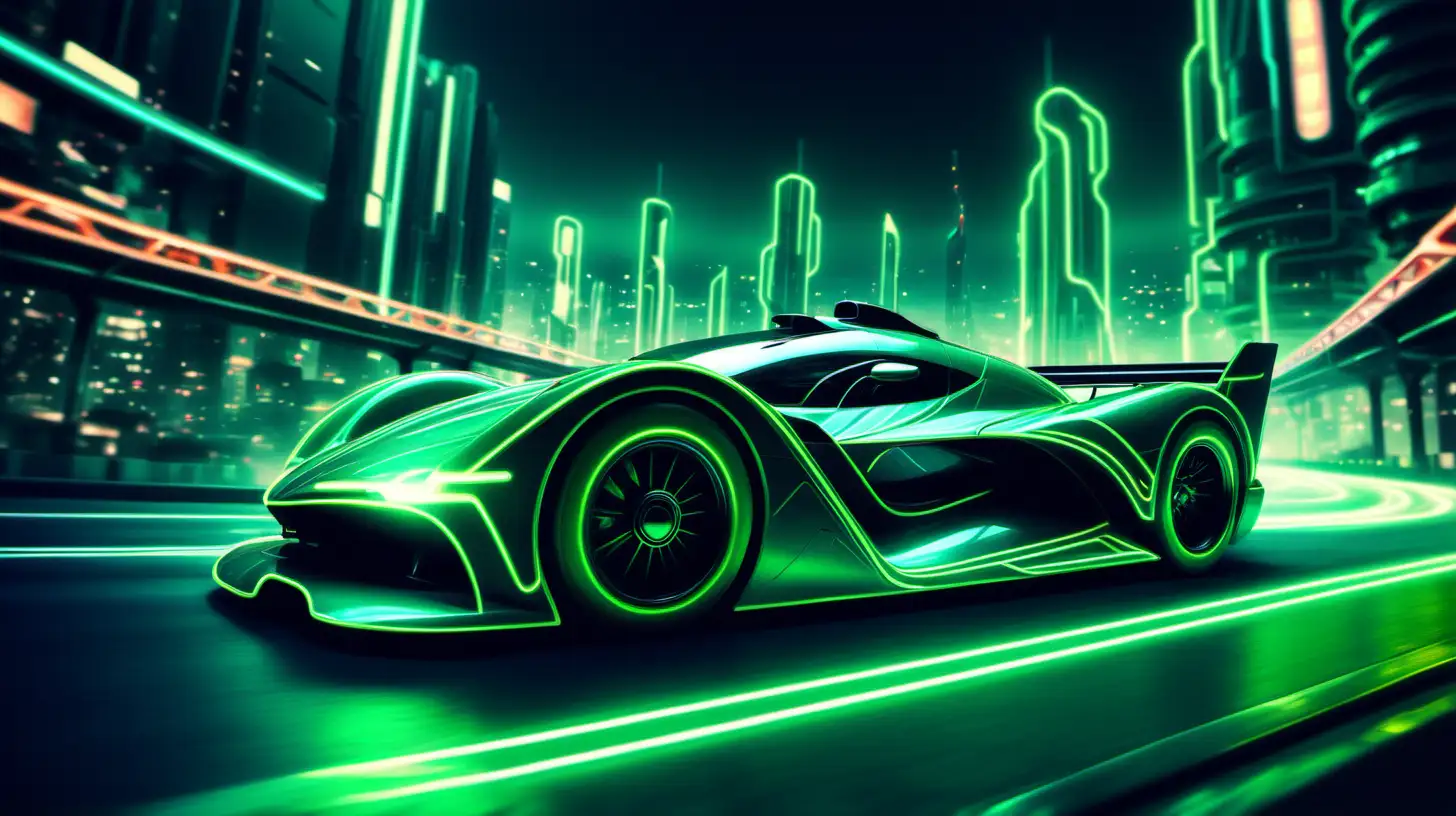 Racing Car Raced in the futuristic city with full of green neon lights green making light trails 
