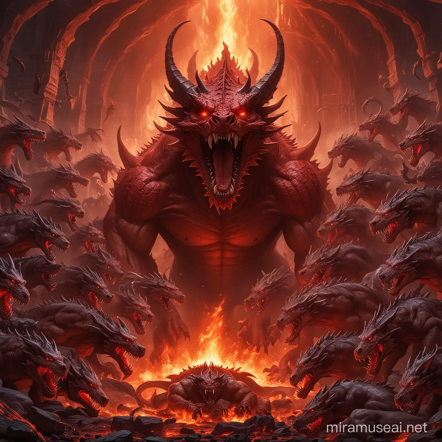 angry giant red dragon sleeping inside hellfire surrounded by hellhounds