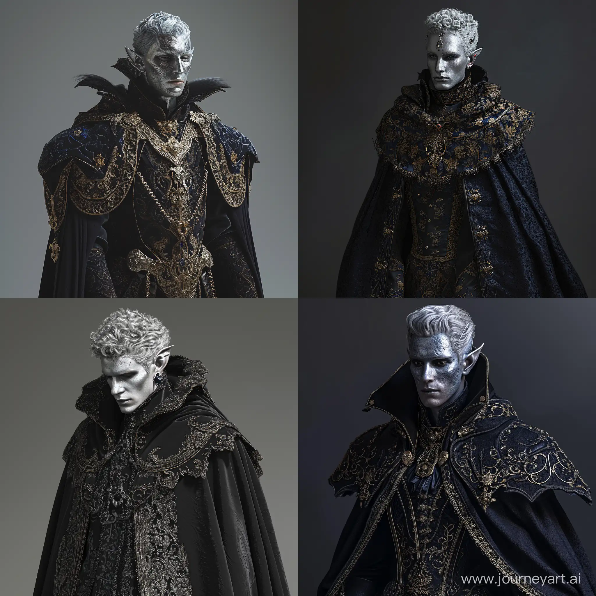 Man in costume, character inspired by Sigurd Svein, cgsociety trends, rococo, male elf with silver skin, dark ornate royal robes, adult male warrior photo, award winning fashion photo, ornate hair, Dorian Cleavanger, dark cloak, official photo, cg artist
