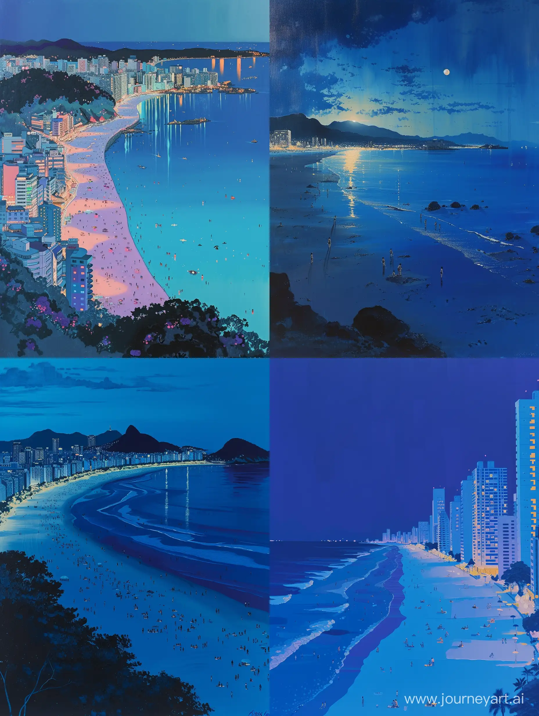 Hiroshi Nagai's painting depicting a 80s city pop beach with yaths in Blue hour