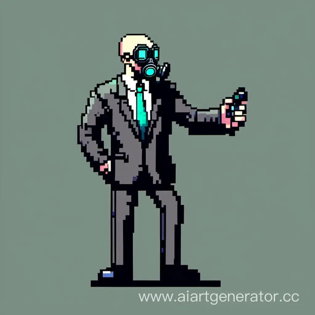 Pixel art,a man in a business suit with a gas mask on his face,monster,Scary jaw,a microphone in his hand,black pants,bald,full-length,looking to the right with his face
