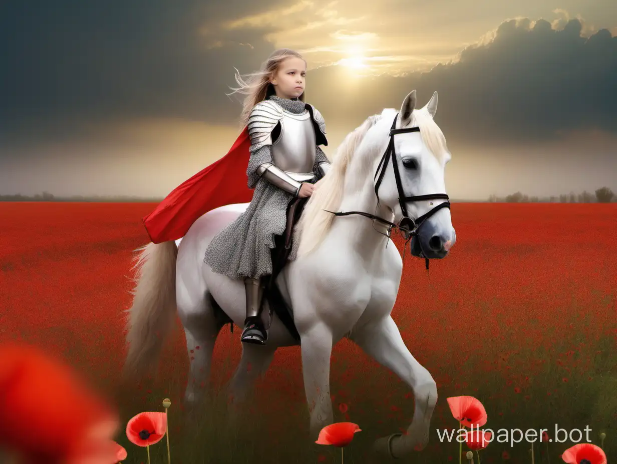 girl Amazon 12 years old in armor on a white horse in a poppy field under the morning sky