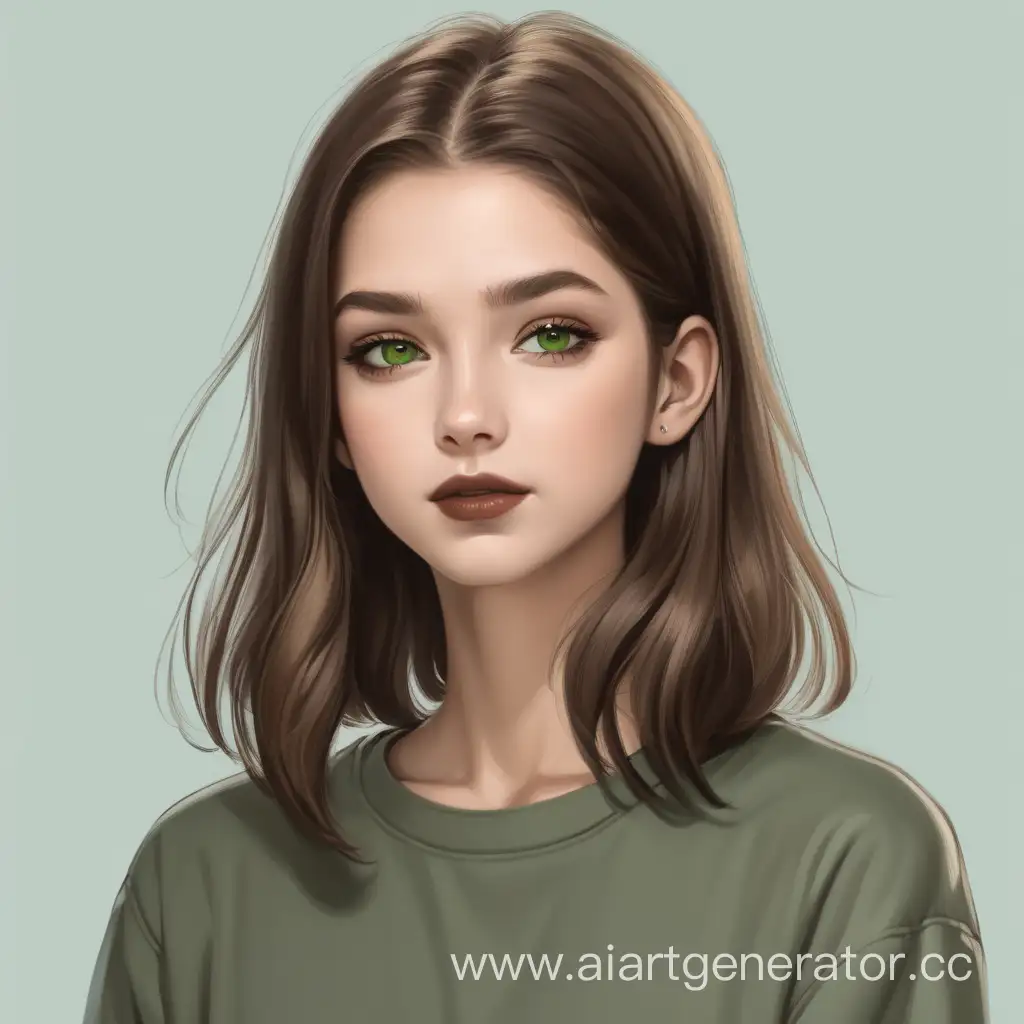 Девушка с волосами до плеч без чёлки шатенка простой макияж коричневая помада зелено-карие глаза