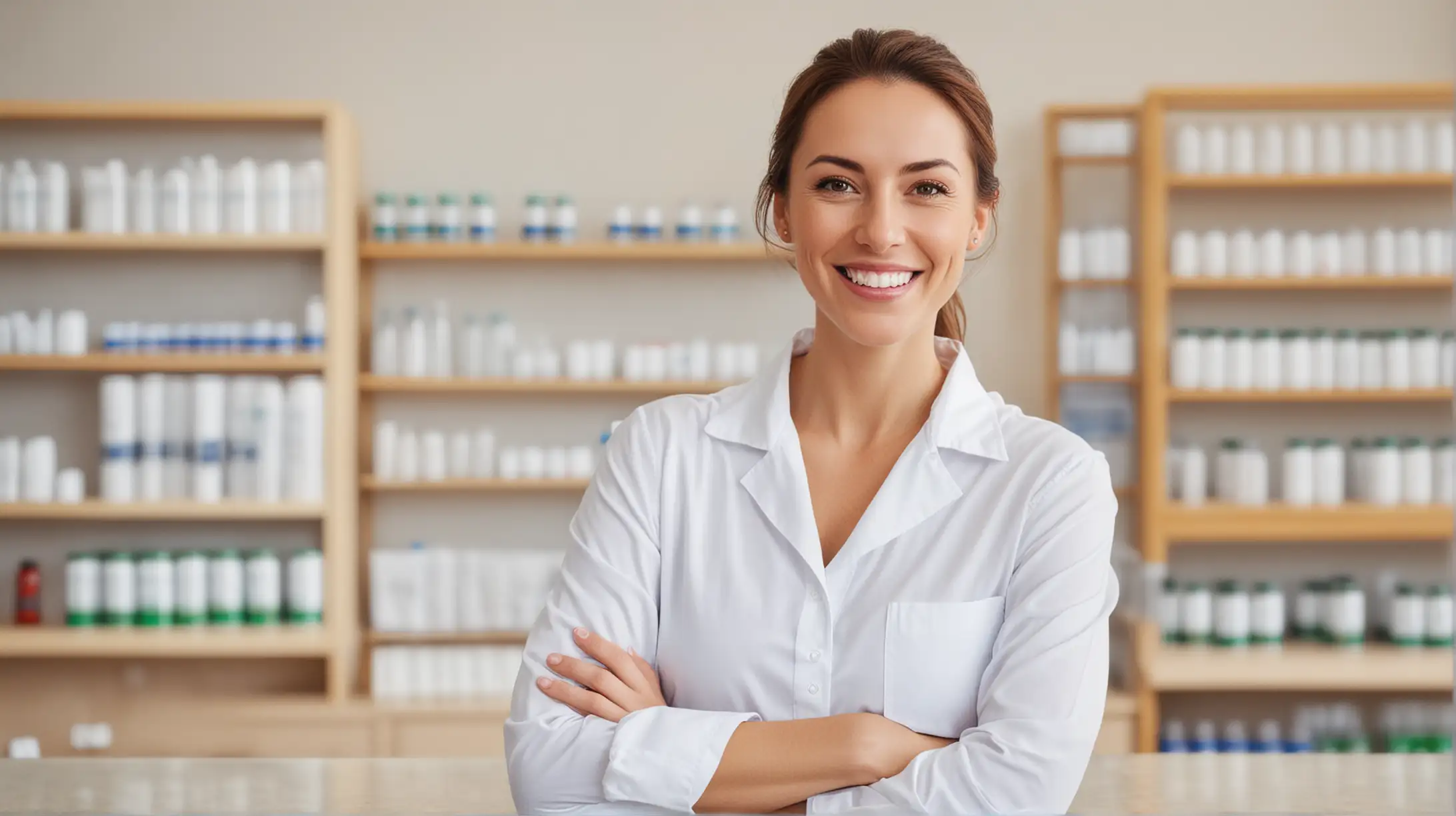 happy health professional in white shirt in a casual setting with dietary supplement bottles in the background, no watermark