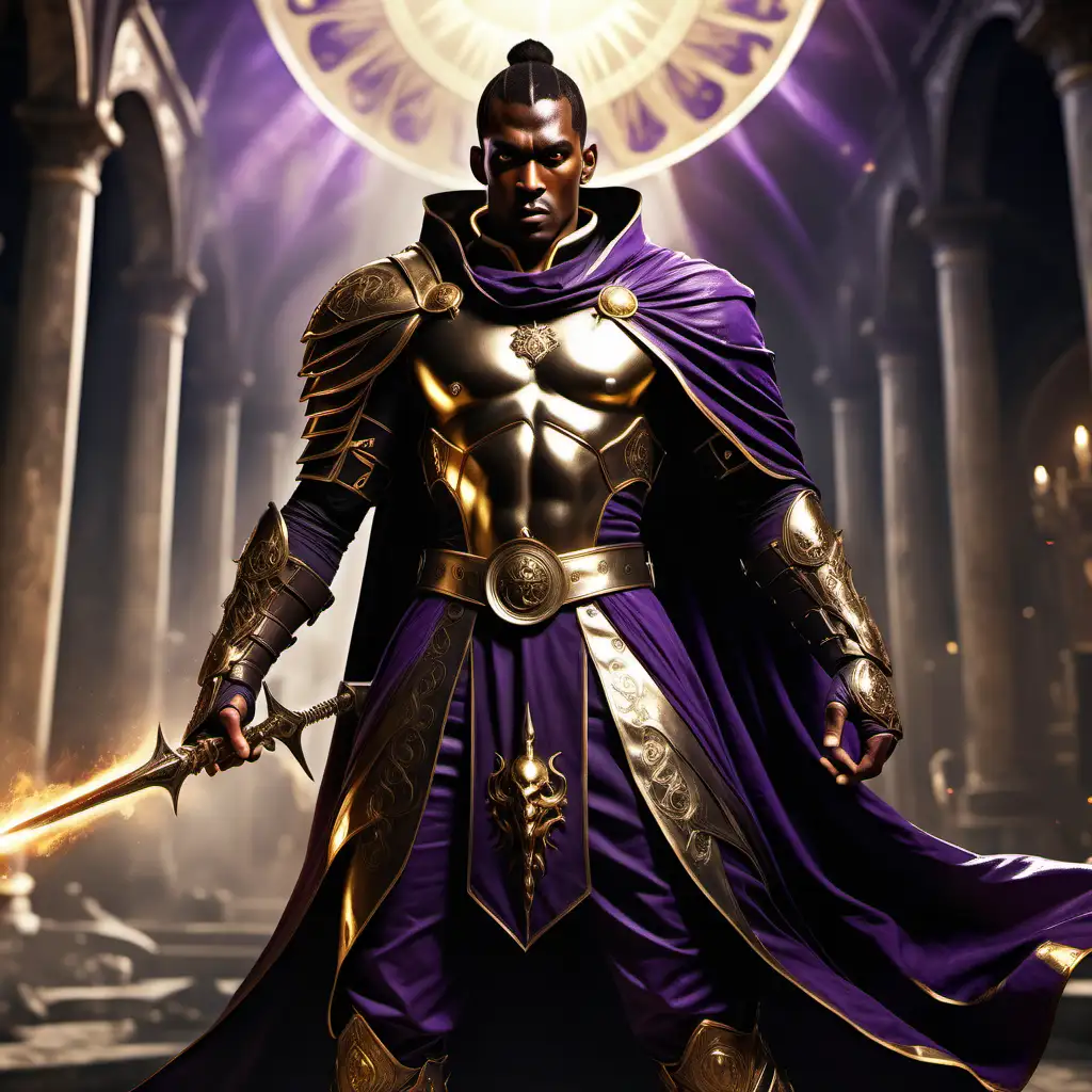 (cinematic lighting), Photo realistic beautiful young tall, muscular, black long hair in a bun, black male templar, purple and gold heavily armored robe with a golden sun emblem leather pantalons, full body, in fighting stance, With an alluring gaze and an air of otherworldly grace, he embodies the enchantment and rebellious spirit of this magical-infused realm, full body photo, angle from below, intricate details, detailed face, detailed eyes, hyper realistic photography,--v