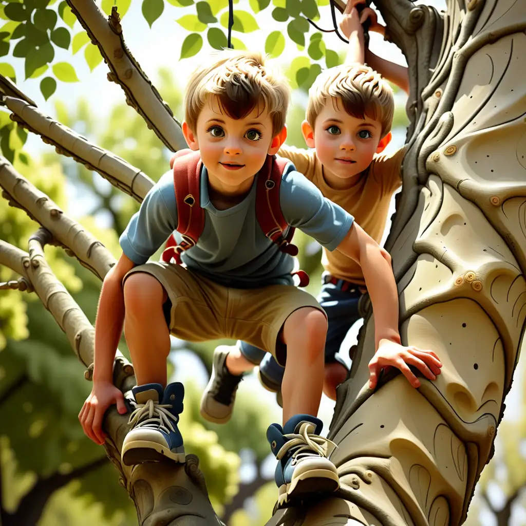 create an image of a young boy climbing a tree