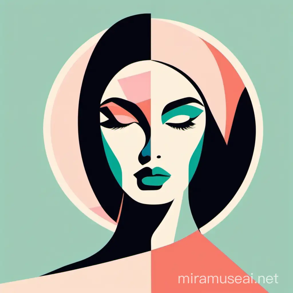 Retro beauty woman abstract artwork pastel color pop art geometric lady figure, minimal, half face