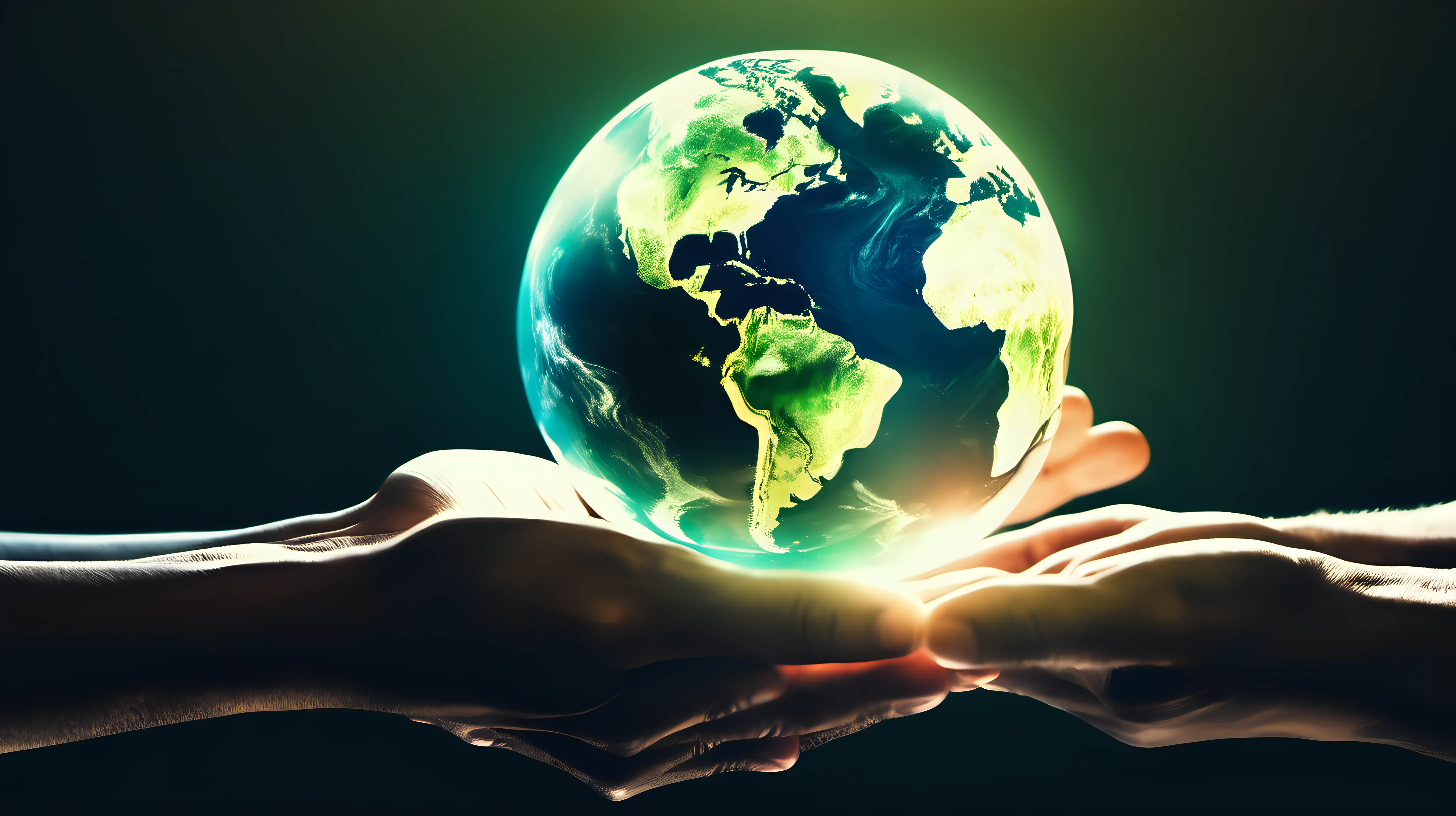 Hands reaching out to support a luminous Earth sphere, emphasizing care for the planet and its regions.