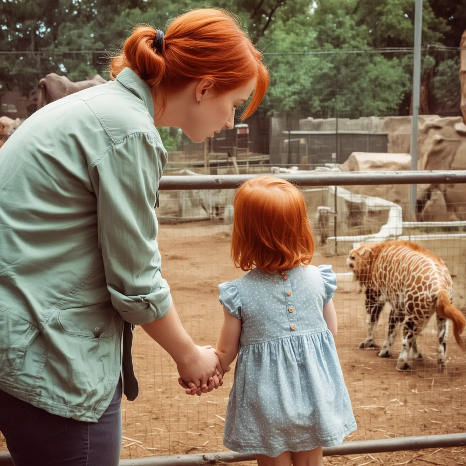 RedHaired Girl and Parent Observing Zoo Animal