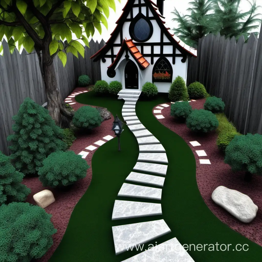 Tranquil-Pathway-through-Ceramic-Granite-Garden-with-Gothic-Arches-and-Birdhouse-Decor