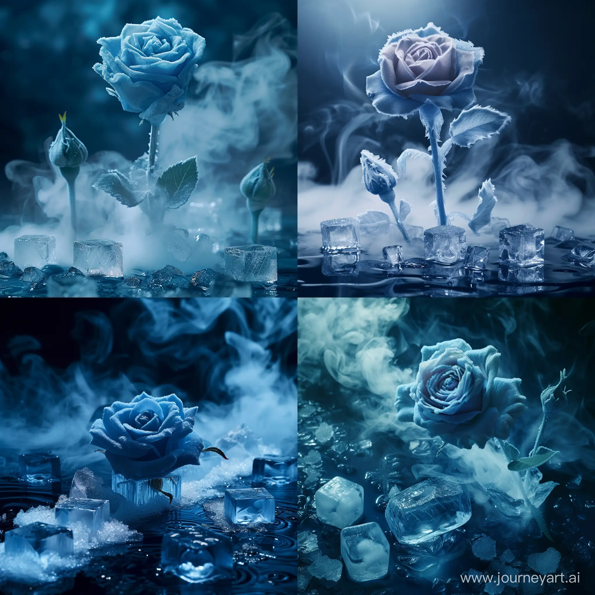 синяя шипованная роза во льду на половину ее длины как будто она таит, вокруг нее немного кусочков льда в виде кубиков, все в темных голубовато синих томах с белым дымом