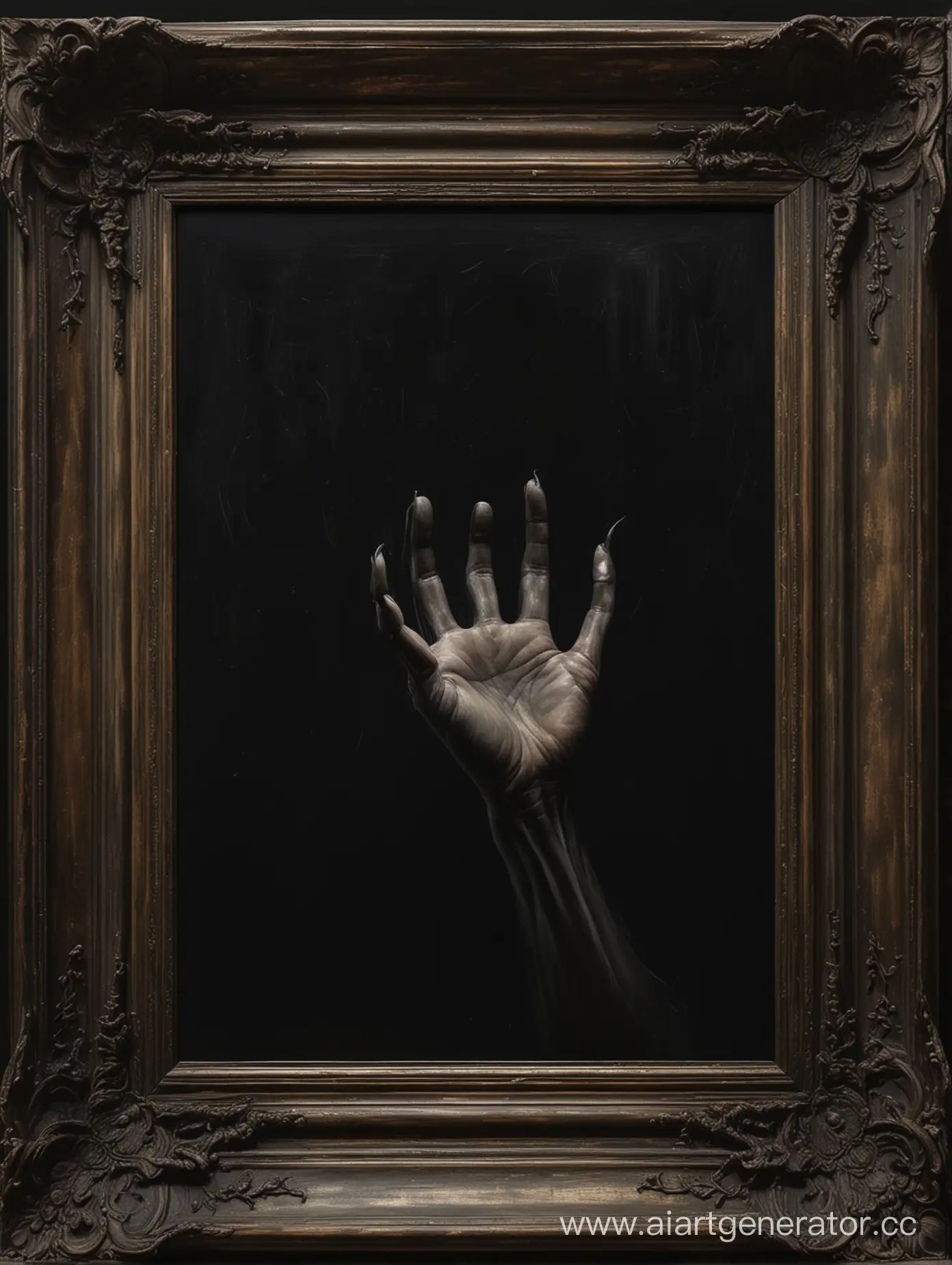 Eerie-Vertical-Framed-Painting-Reaching-Hands-Emerging-from-Darkness