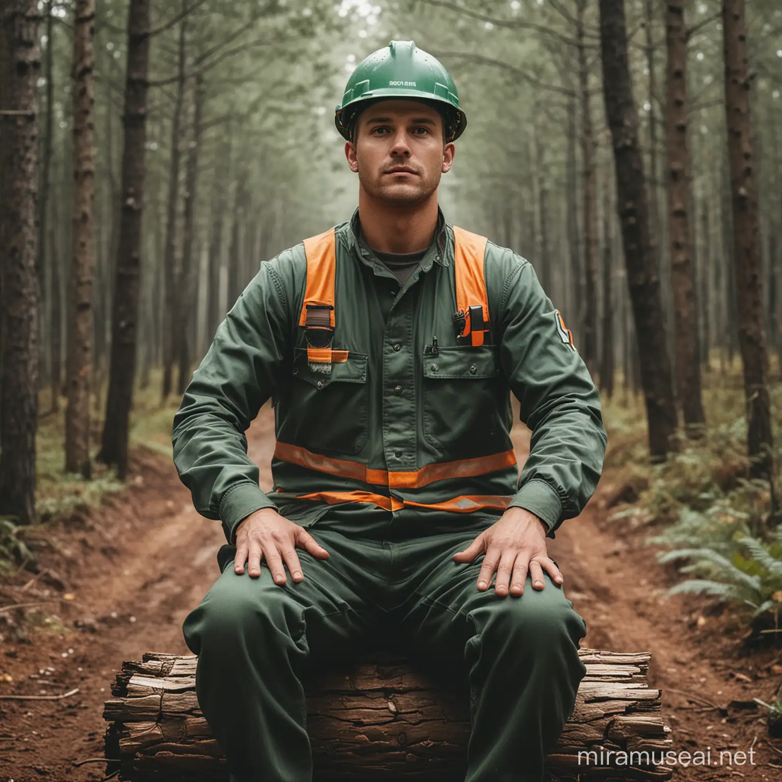 Create an image of a forest worker with the back straight, sitting with the two hands below shoulder level