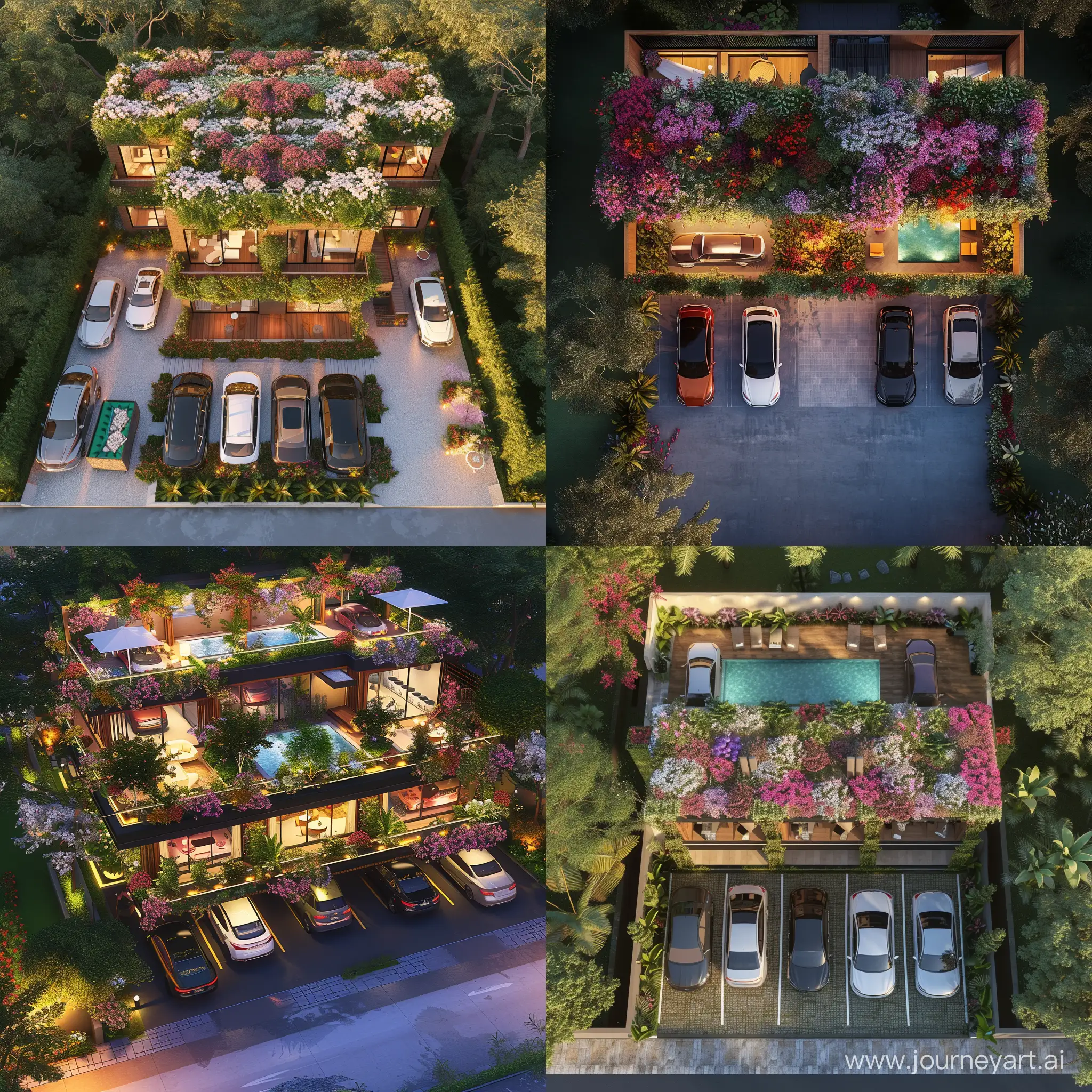 A duplex house with a large yard and a swimming pool for 5 cars in a parking lot with a roof covered with flowers and plants