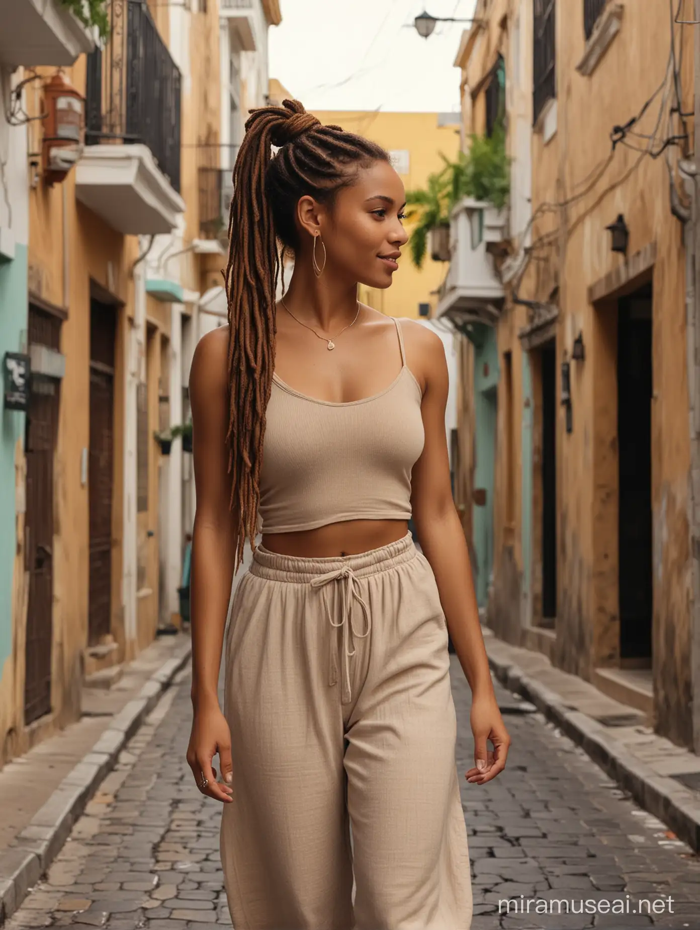 the carribean, caramel skin woman with ponytail dreadlocks is walking in the beautiful carribean street,in the style of light brown and dark black, fashwave, mesoamerican influences, candid celebrity shots, uhd image, body extensions, natural beauty --ar 69:128 --s 750 --v 5. 2