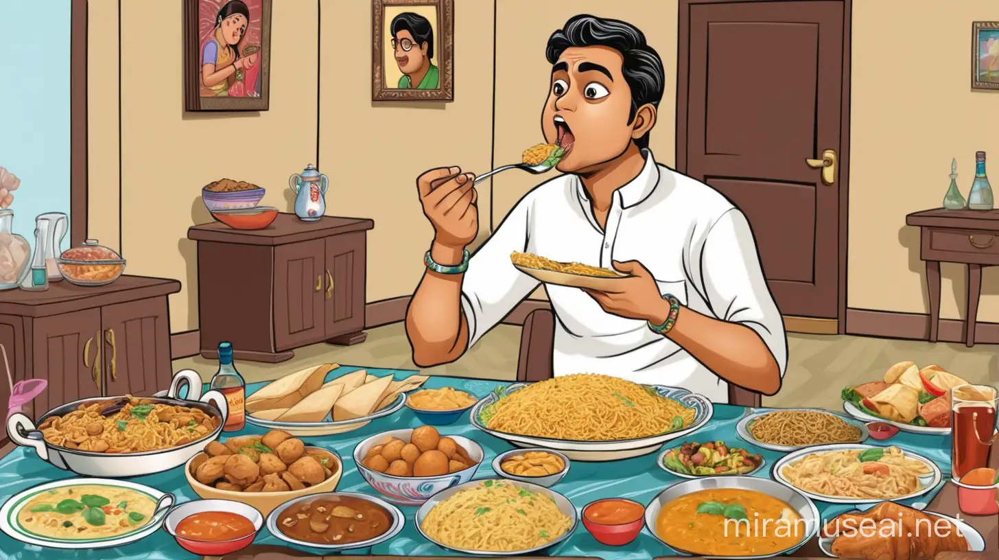 A Bengali son in law is eating a lots of food in a room. Please make the image cartoon type.